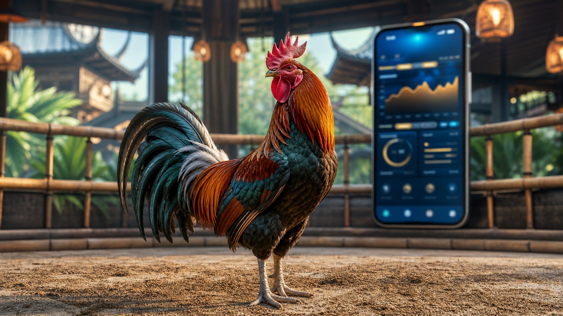 Seekor ayam jago berdiri di arena tradisional dengan latar belakang teknologi digital yang samar.