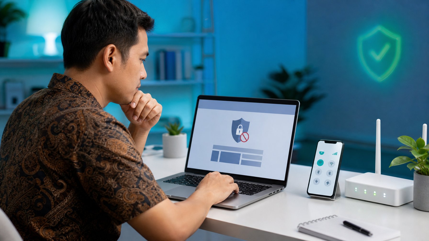 Seseorang memeriksa akses internet di laptop dan ponsel di meja kerja dengan perangkat jaringan di sampingnya.