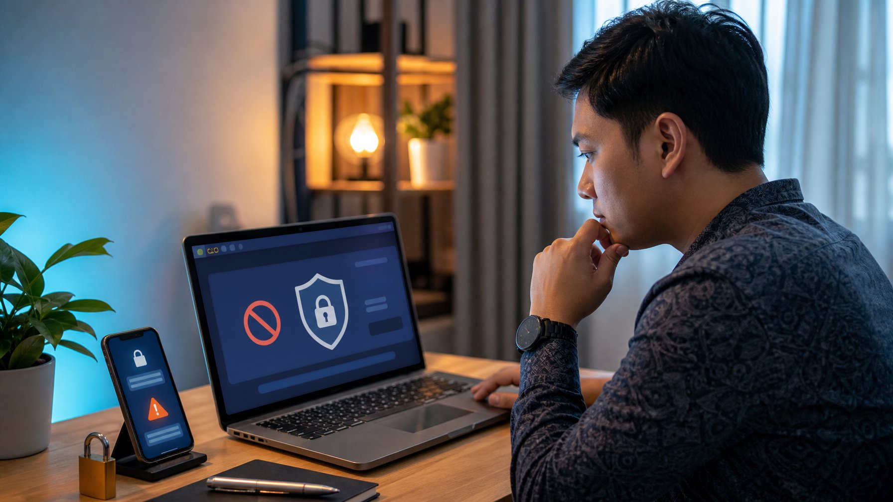 Seseorang memeriksa peringatan keamanan akses situs pada laptop di ruang kerja modern.