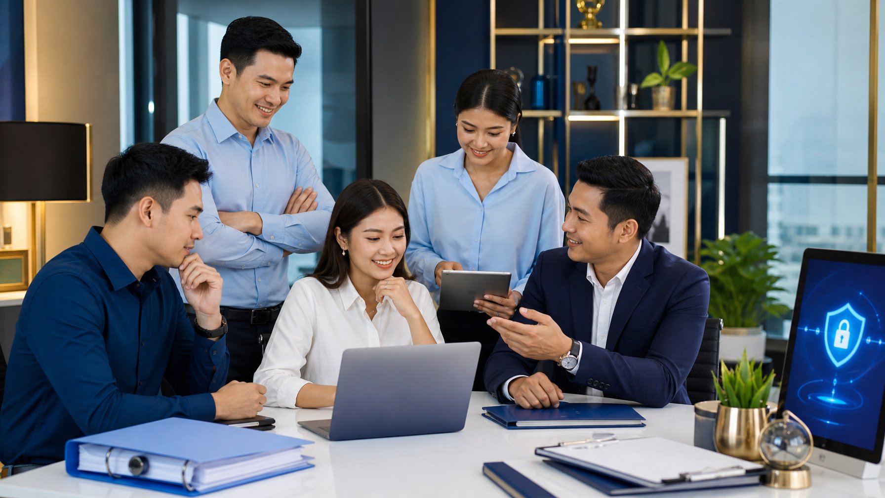 Tim profesional membahas keamanan dan transparansi layanan di kantor modern.