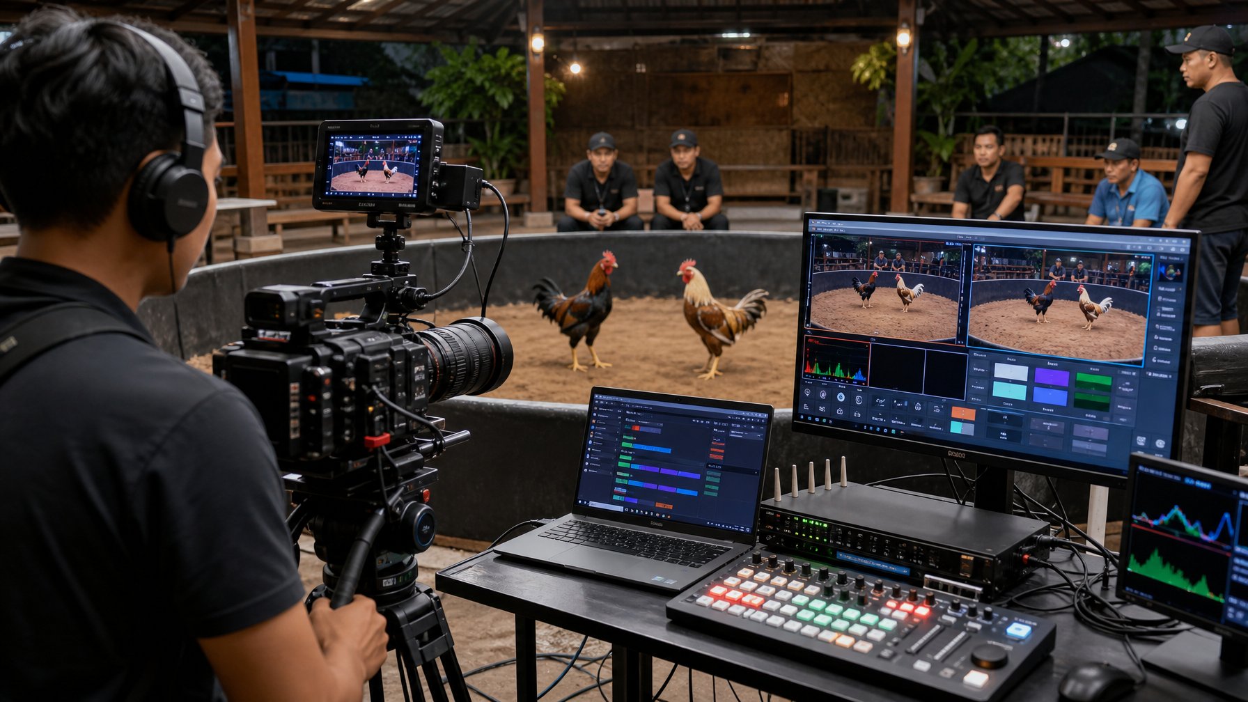 Kamera profesional merekam dua ayam jantan yang dipisahkan di arena bersih, dengan operator dan perangkat siaran langsung di sekitarnya.