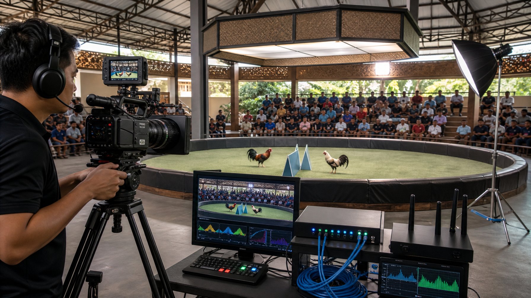 Kru kamera menyiarkan arena sabung ayam dengan peralatan koneksi dan pencahayaan profesional.