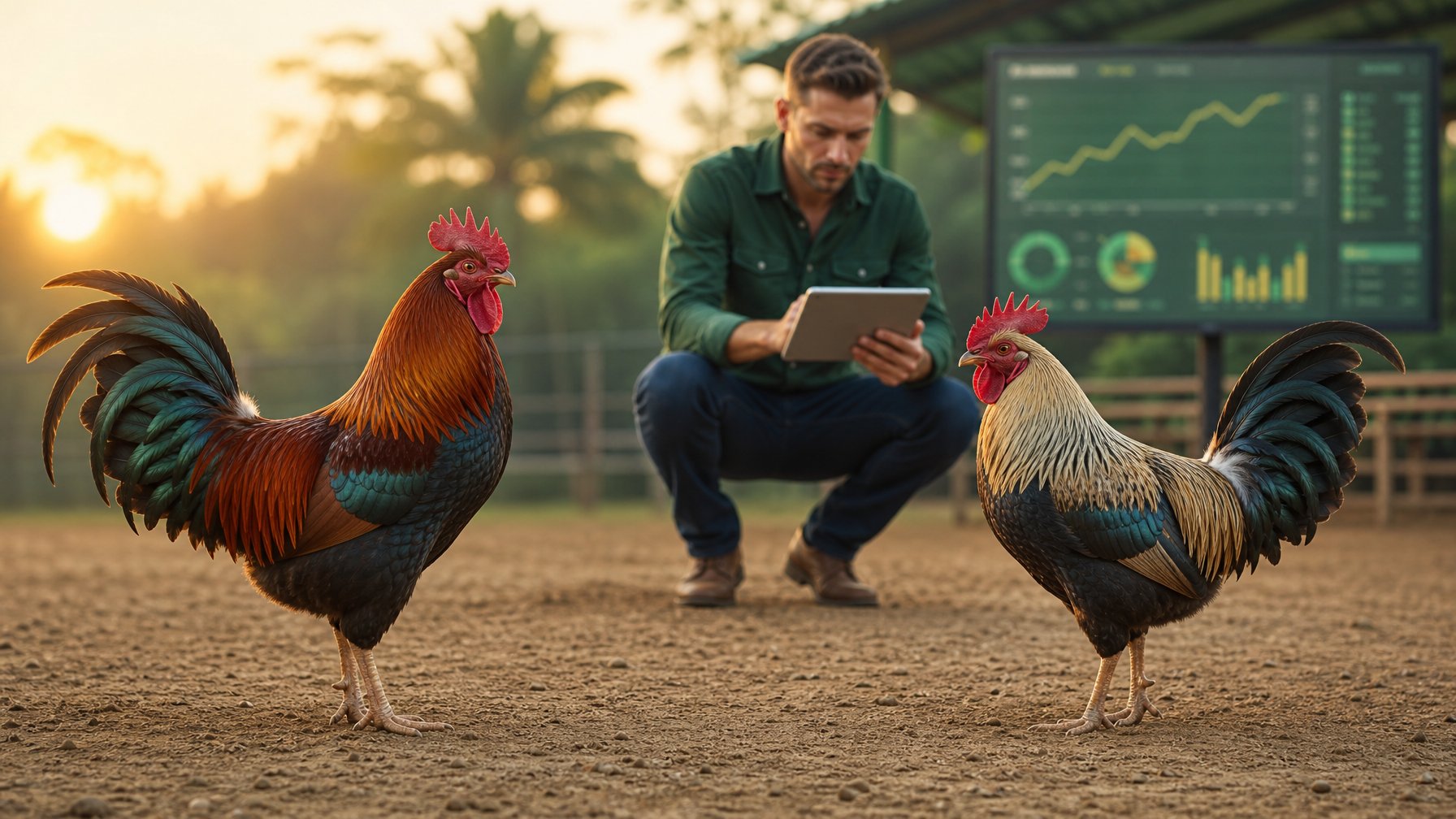 Dua ayam jantan berdiri terpisah di arena pedesaan, sementara seorang analis melihat tablet di latar belakang.