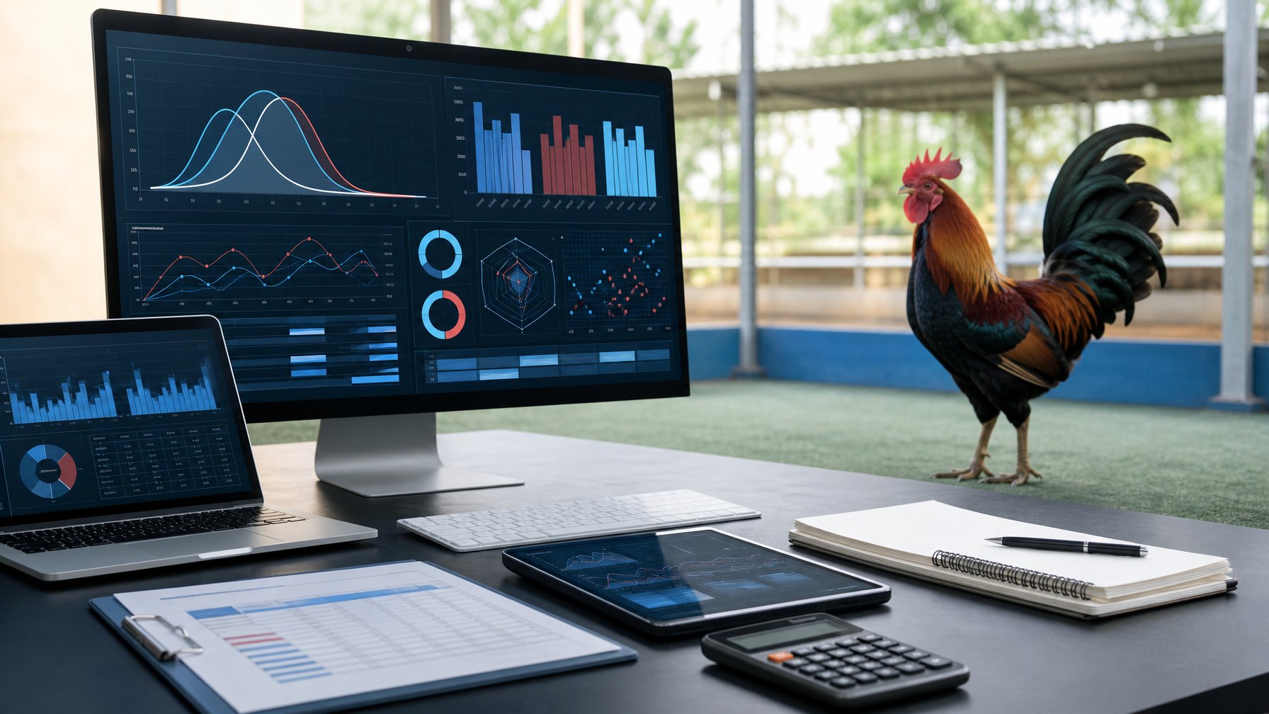 Ruang kerja modern dengan layar grafik analisis dan seekor ayam jantan yang tenang di lingkungan pedesaan.