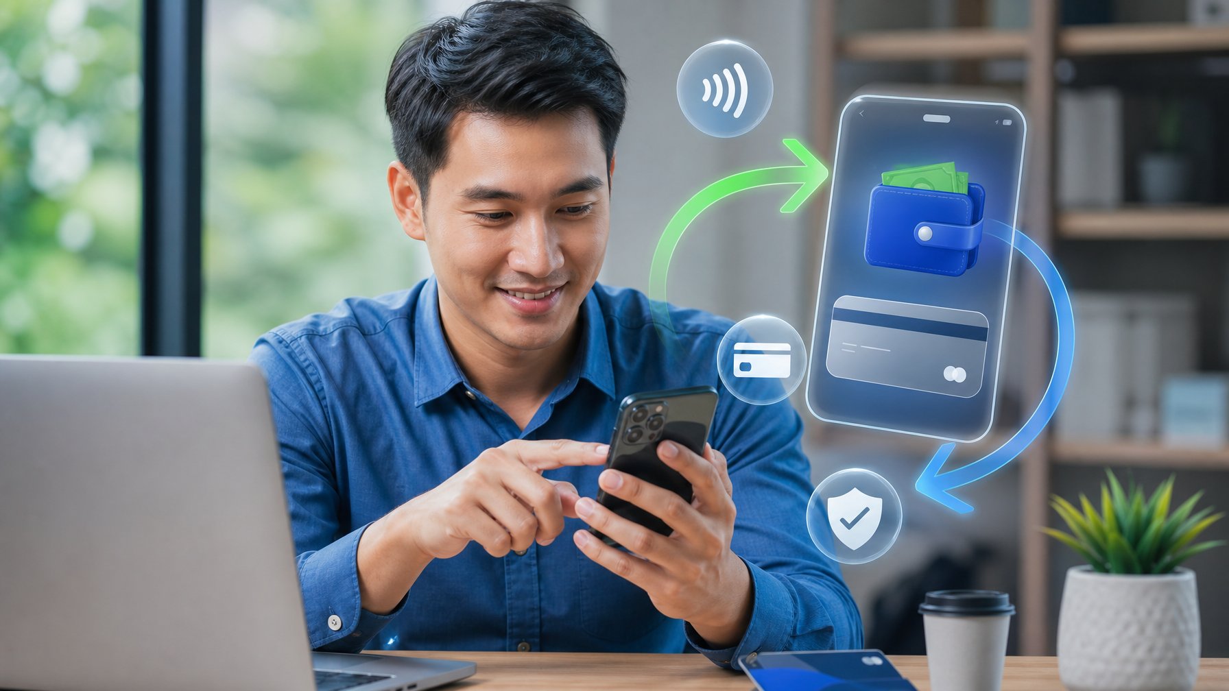 Seseorang menggunakan ponsel dan laptop untuk mengelola transaksi dompet digital di meja kerja.