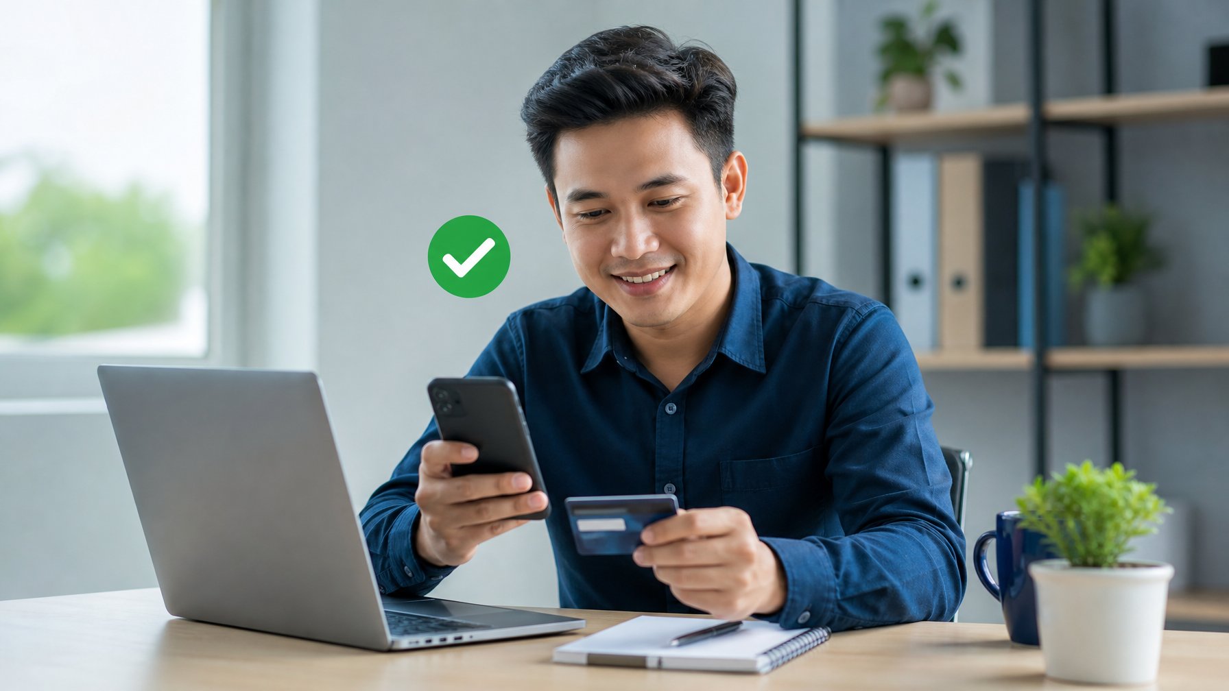 Seseorang menggunakan laptop dan ponsel untuk menyiapkan transaksi pembayaran digital di meja kerja.