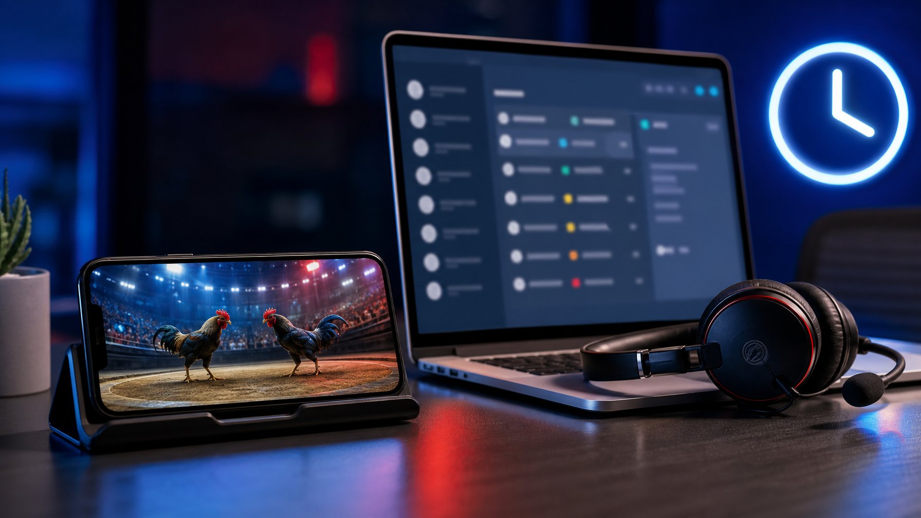 Ponsel dan laptop menampilkan layanan pertandingan ayam serta dukungan pelanggan di meja modern.