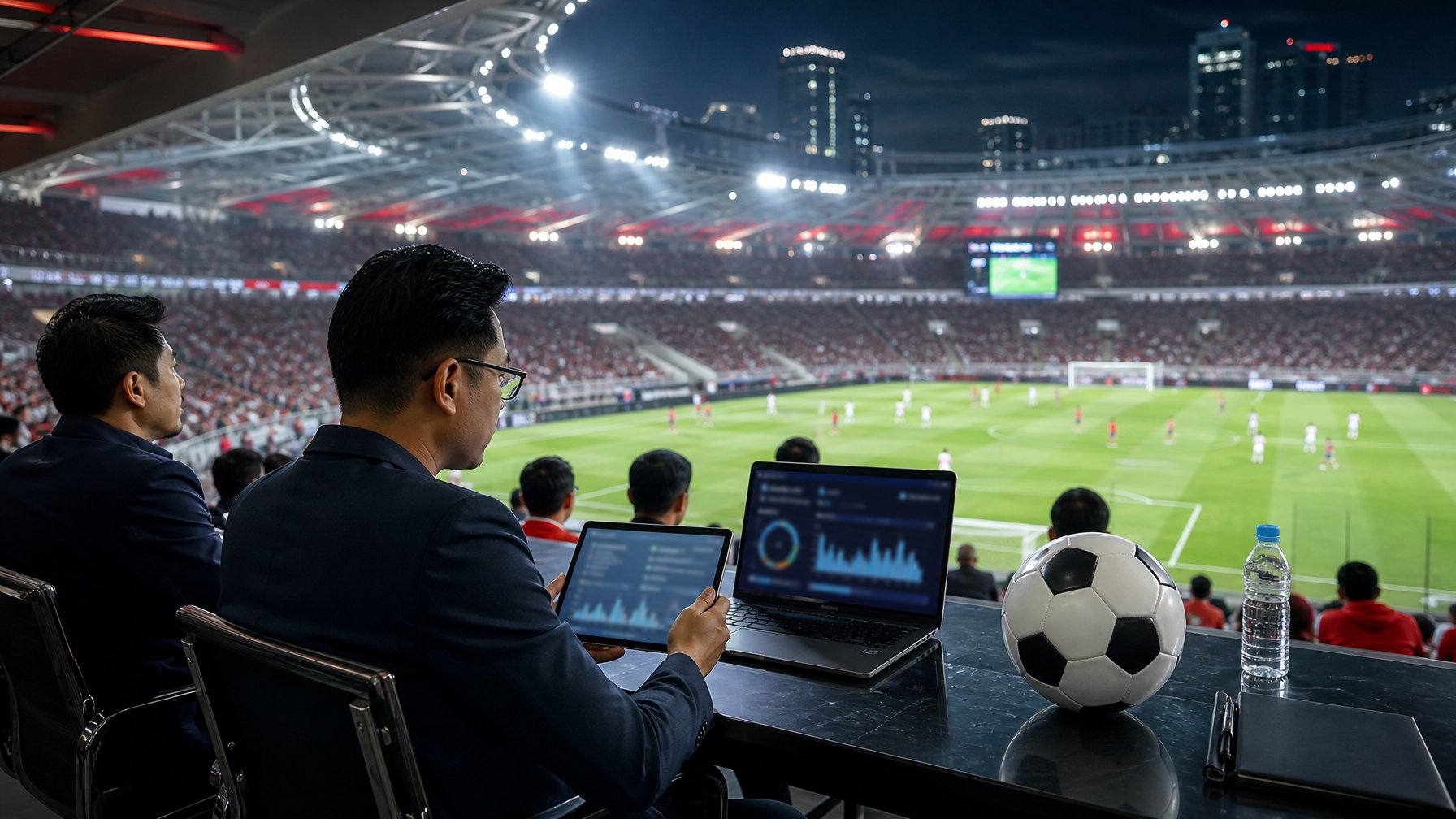 Suasana stadion sepak bola modern dengan penonton dewasa Indonesia dan analis yang mengamati pertandingan.