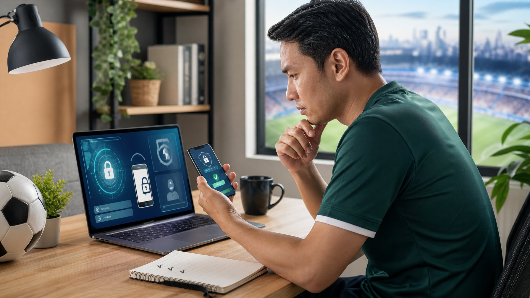 Penggemar sepak bola Indonesia membandingkan platform digital yang aman di laptop dan ponsel dengan simbol keamanan.