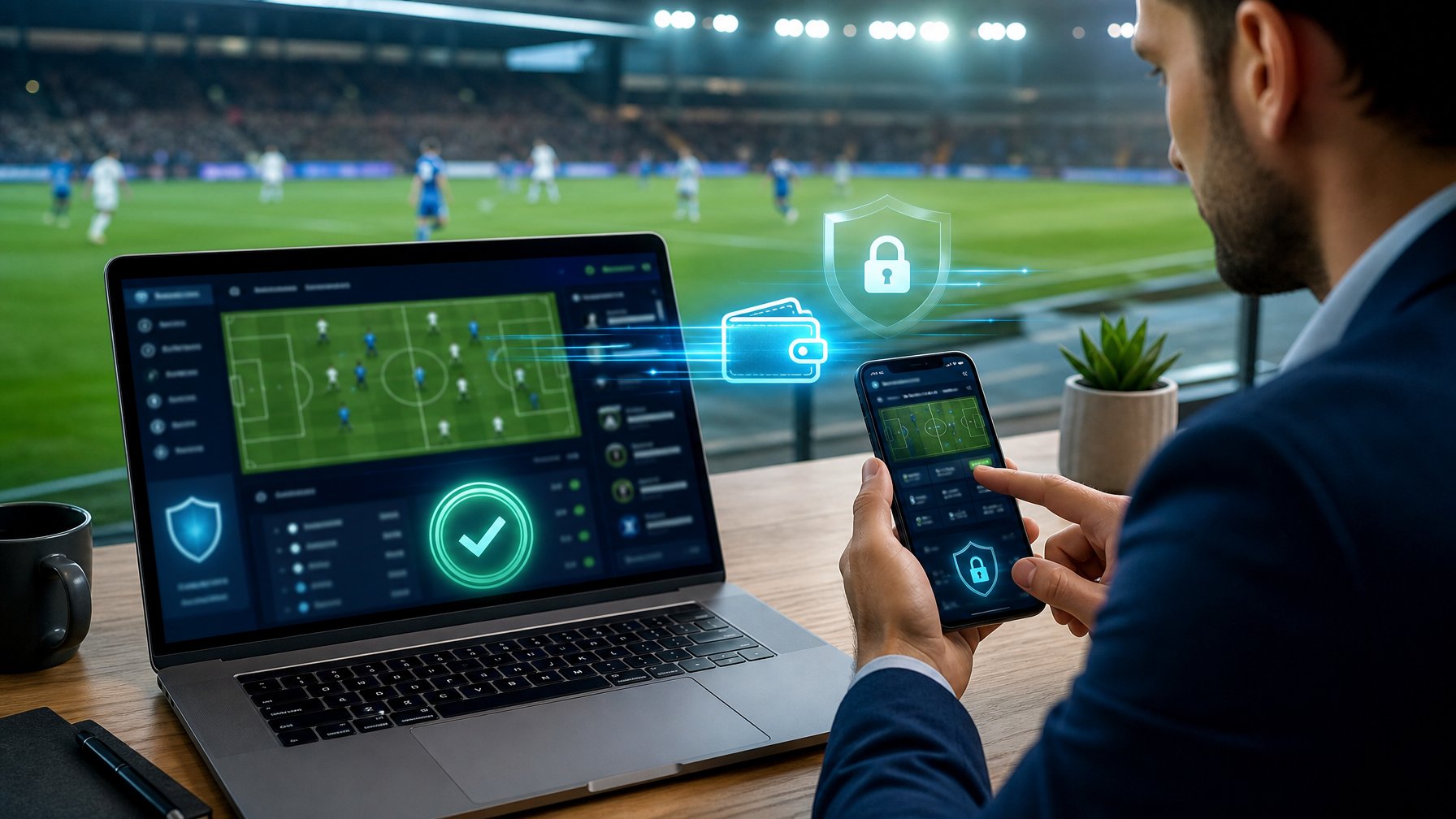 Seseorang menggunakan laptop dan ponsel dengan tampilan sepak bola, dompet digital, serta simbol keamanan.