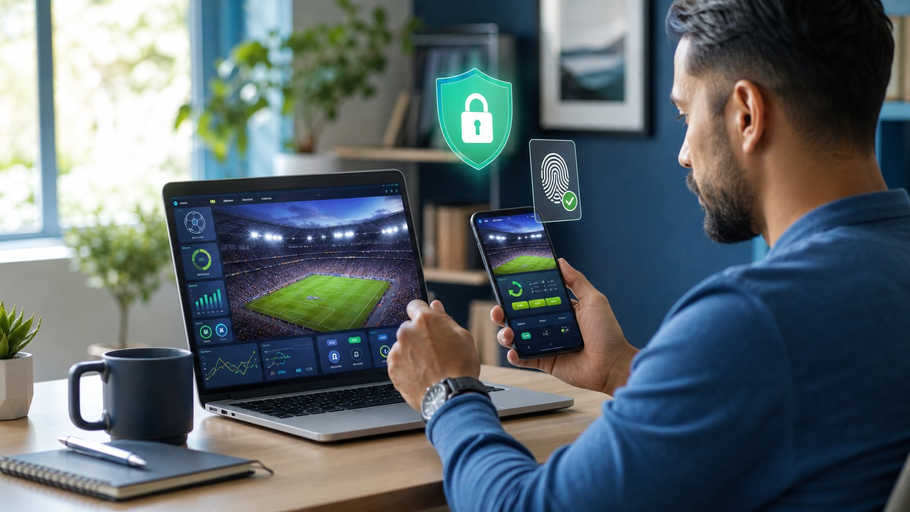 Orang dewasa memeriksa platform taruhan sepak bola yang aman melalui laptop dan ponsel dengan ikon keamanan digital.