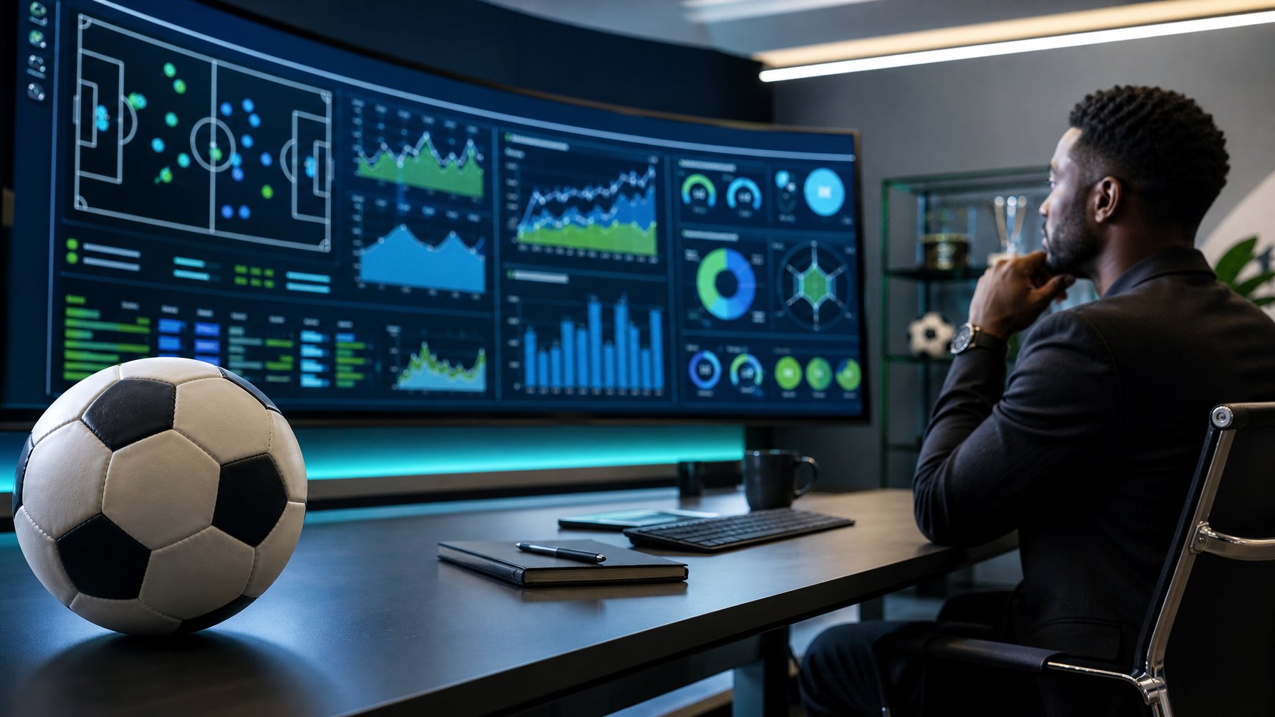 Analis profesional memantau data pertandingan sepak bola pada layar digital di ruang kerja modern.
