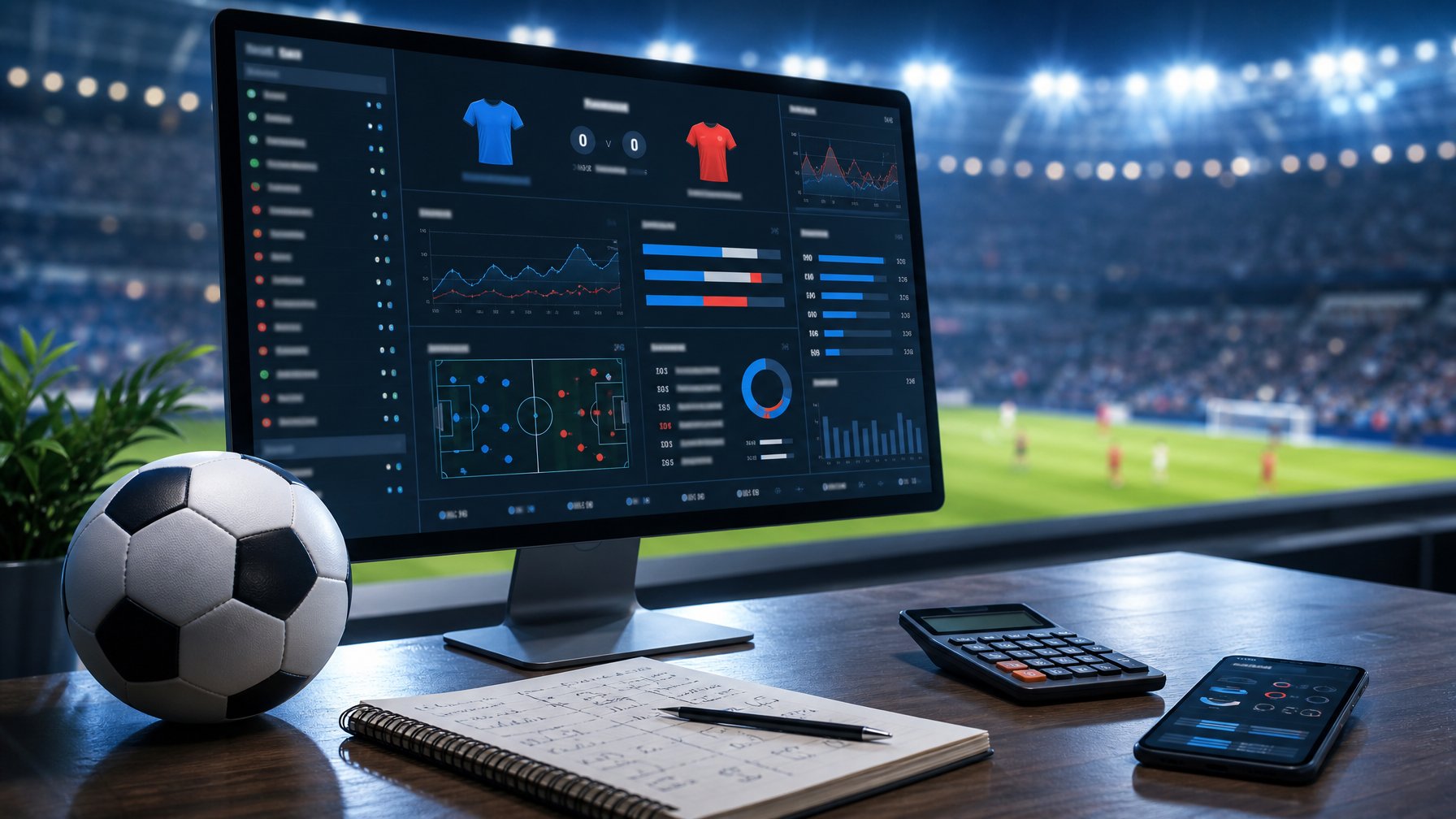 Meja analisis olahraga dengan layar statistik pertandingan sepak bola dan suasana stadion yang tampak samar di latar belakang.