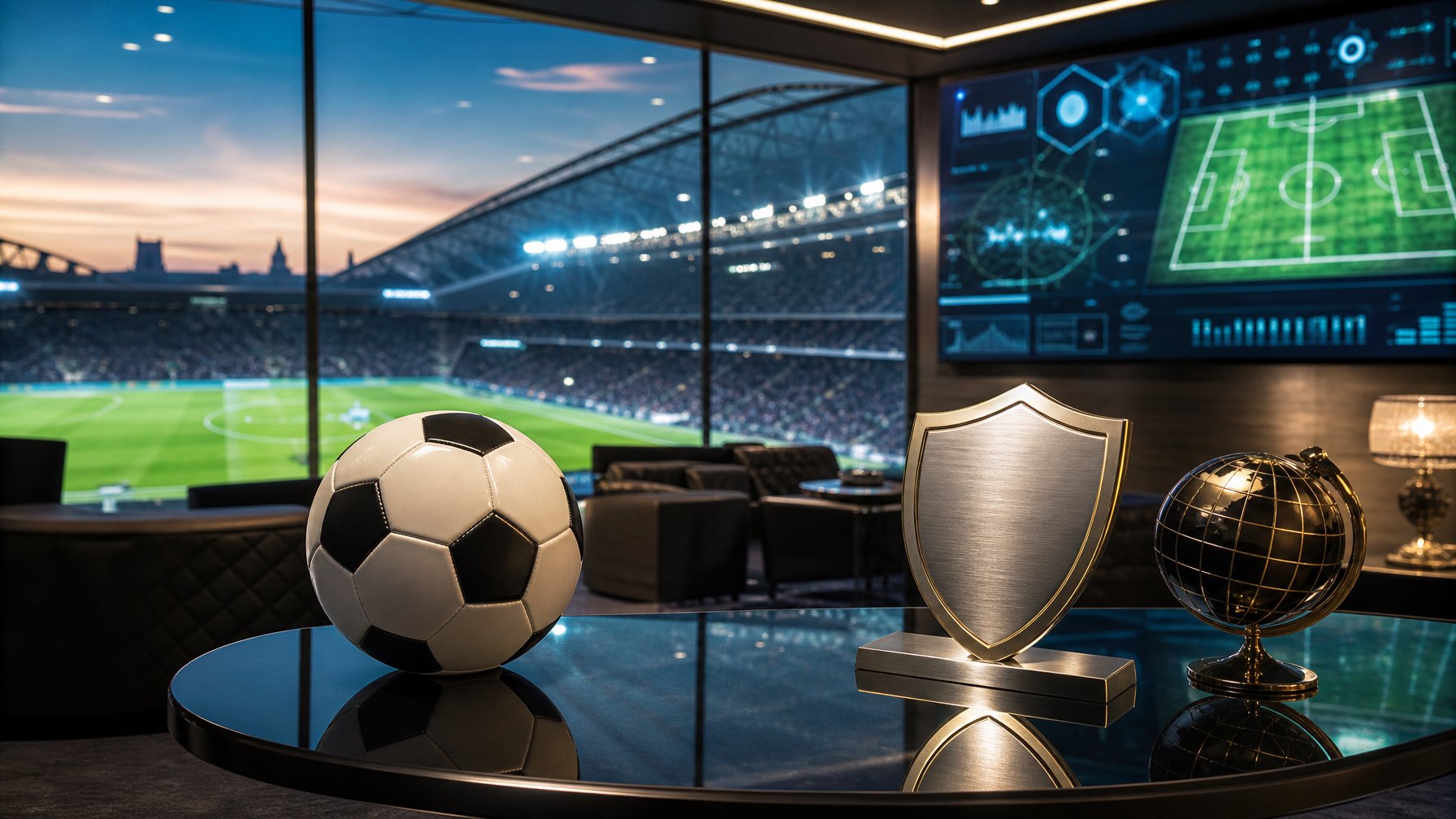 Bola sepak di meja kaca dengan latar stadion modern dan ornamen globe.