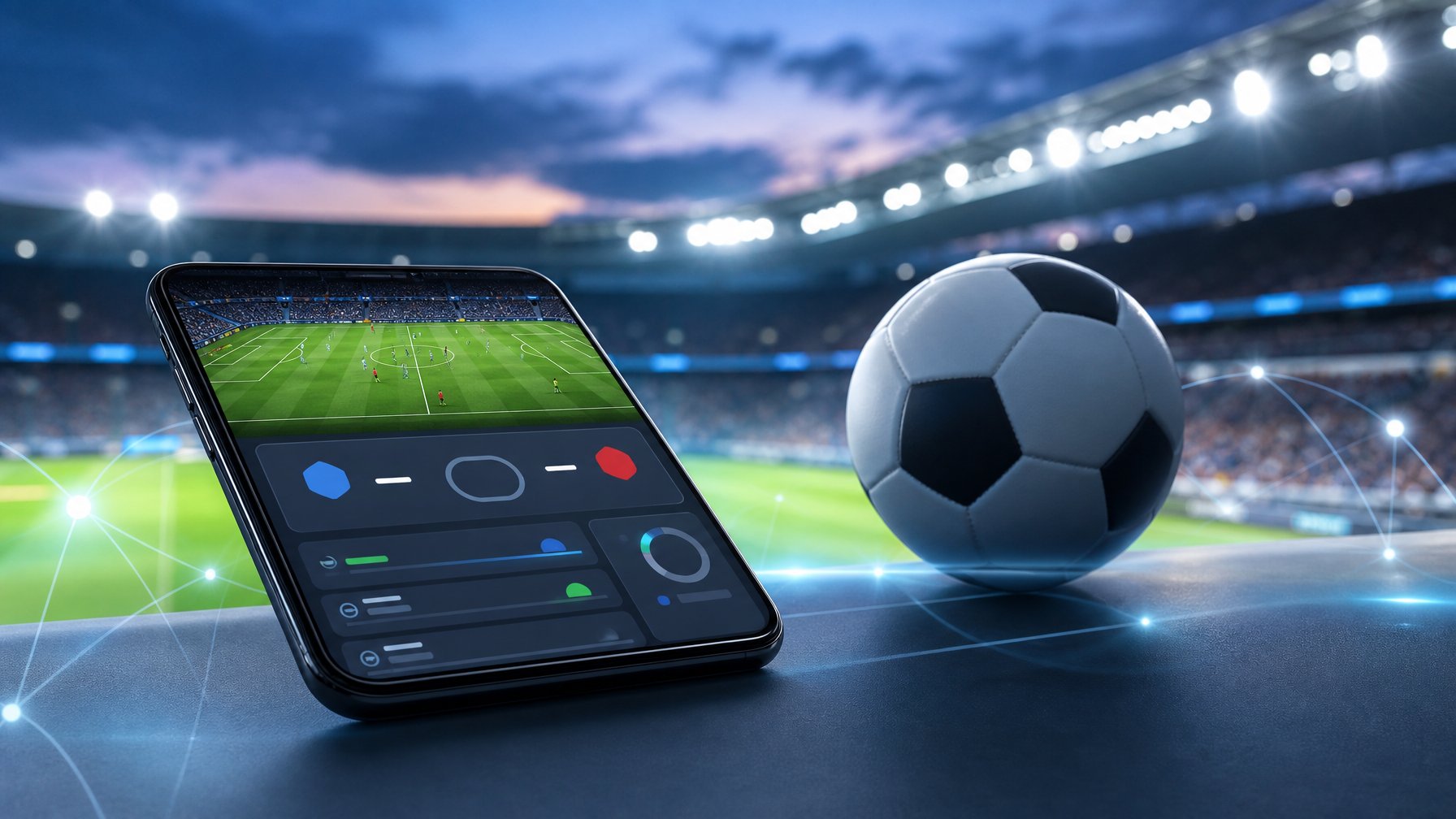 Ponsel menampilkan pertandingan sepak bola di depan stadion modern yang terang.