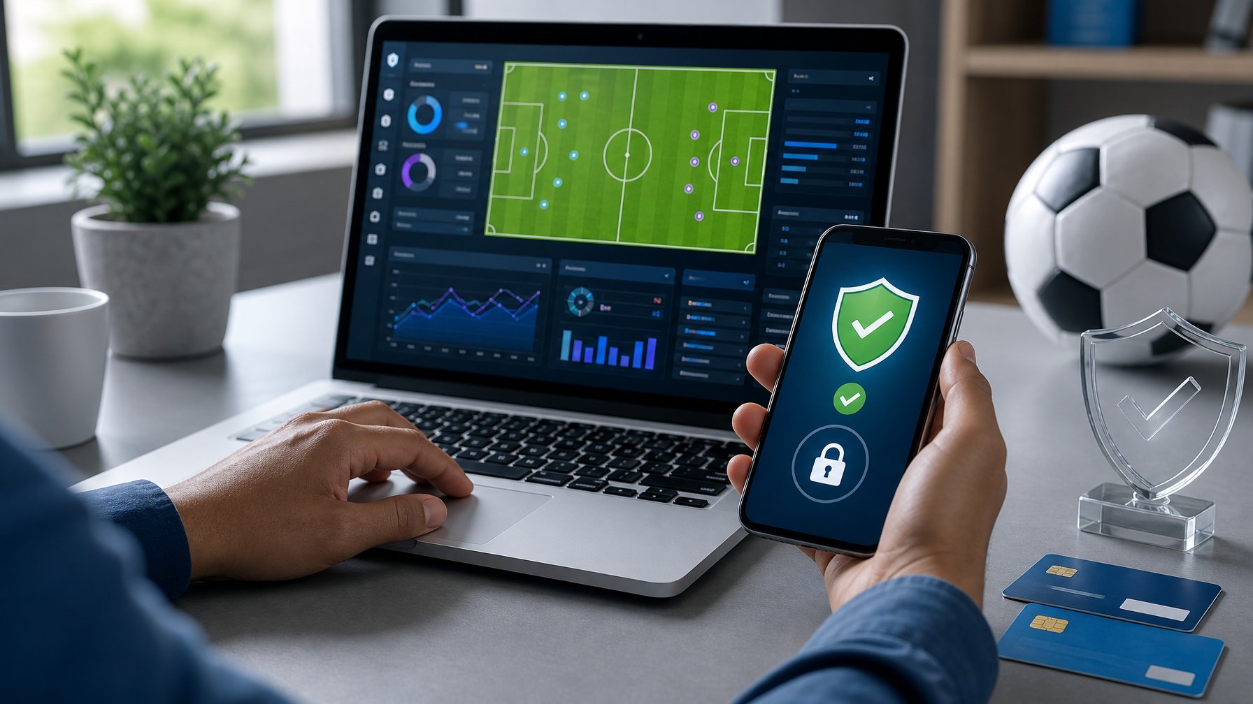 Seseorang memeriksa informasi pertandingan sepak bola dan fitur keamanan digital di laptop serta ponsel.