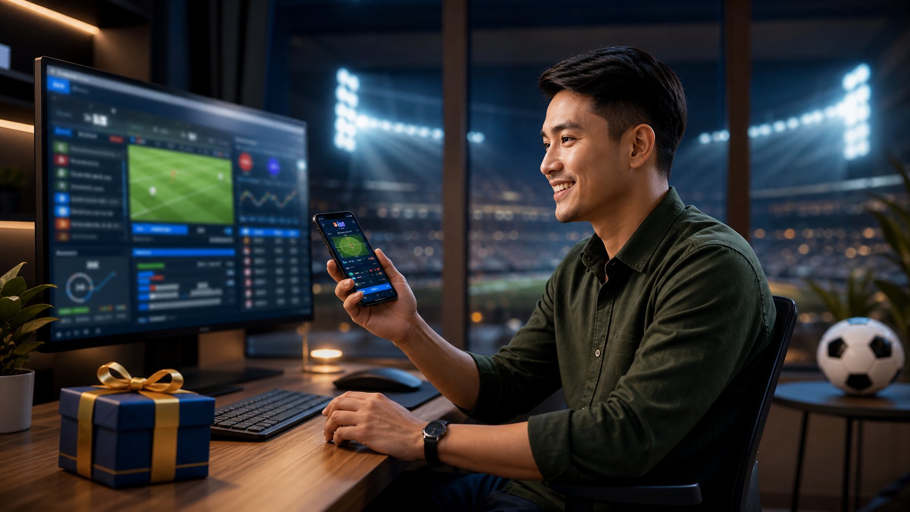 Pria dewasa tersenyum melihat aplikasi sepak bola di komputer, dengan ponsel, bola, dan kotak hadiah di meja.