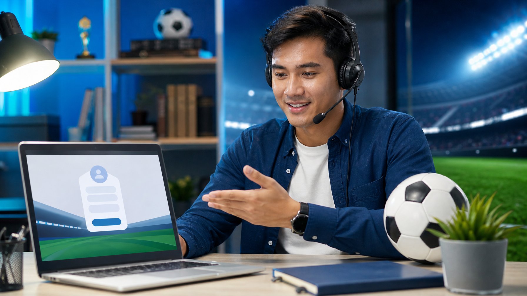 Petugas layanan membantu pengguna membuat akun melalui laptop dengan suasana bertema sepak bola.