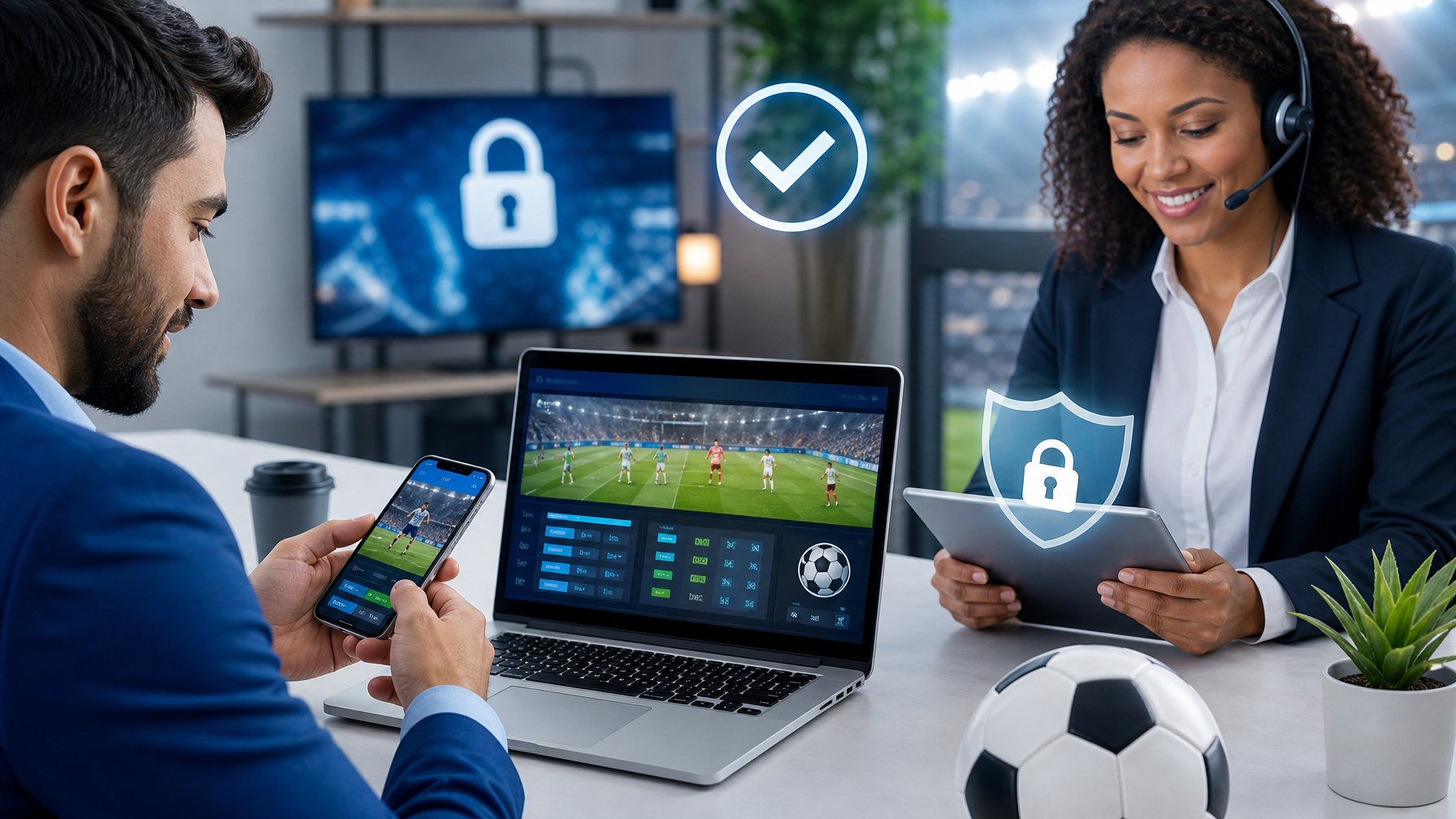 Seorang profesional meninjau pembuatan akun platform sepak bola aman menggunakan laptop dan tablet dengan simbol keamanan.