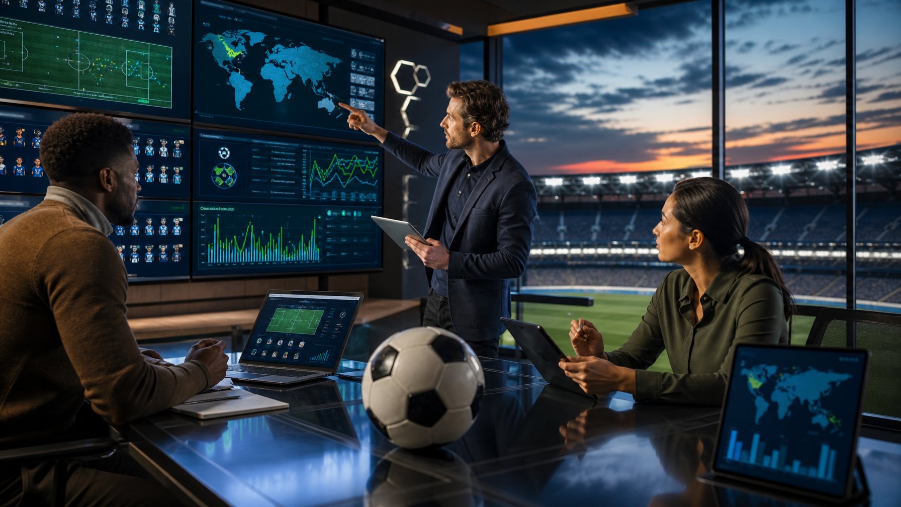 Analis olahraga dewasa meninjau data pertandingan sepak bola di ruang kerja modern dengan stadion terlihat di latar belakang.