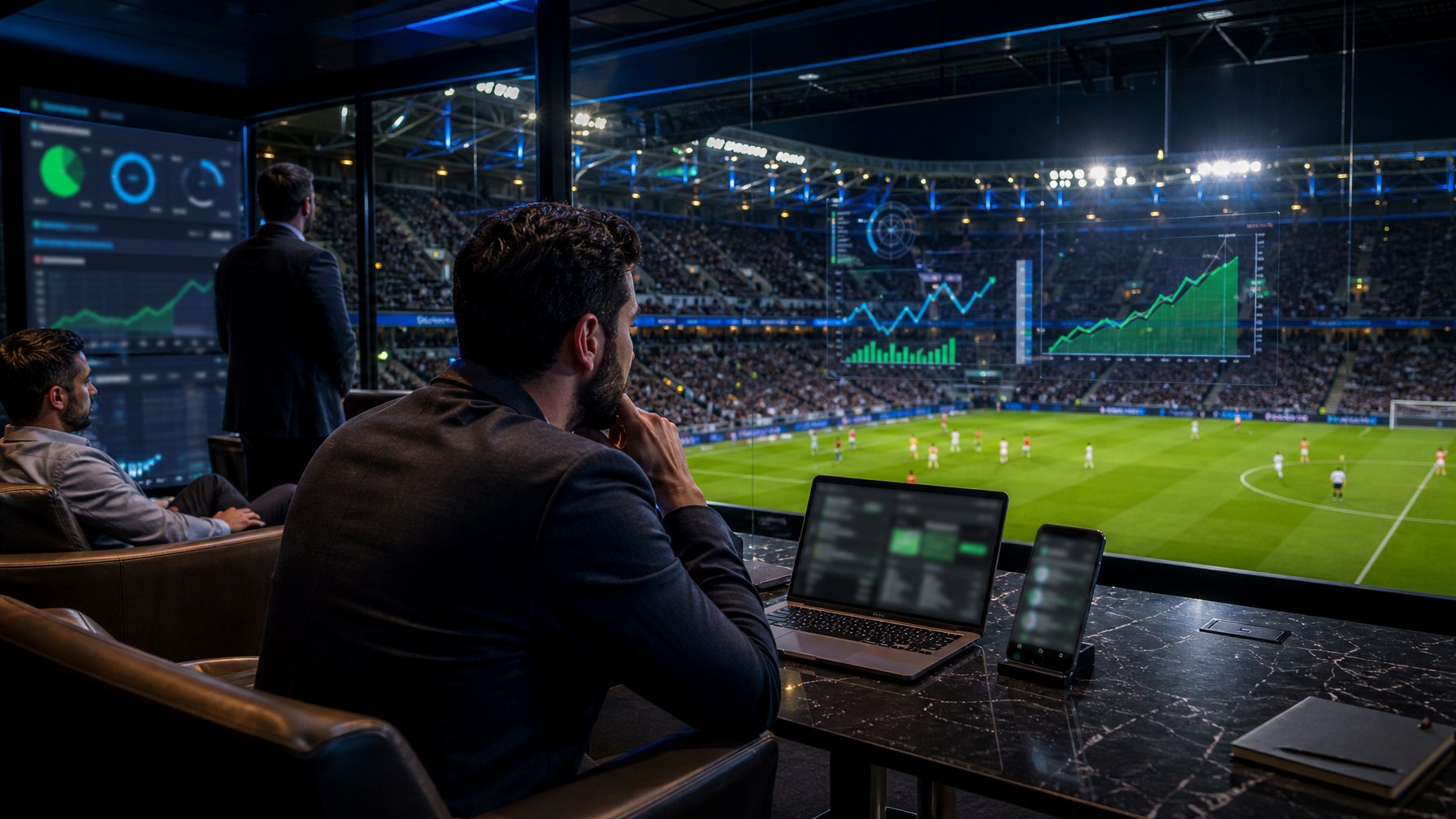 Suasana stadion sepak bola modern dengan penonton dewasa yang menganalisis statistik pertandingan melalui perangkat digital.
