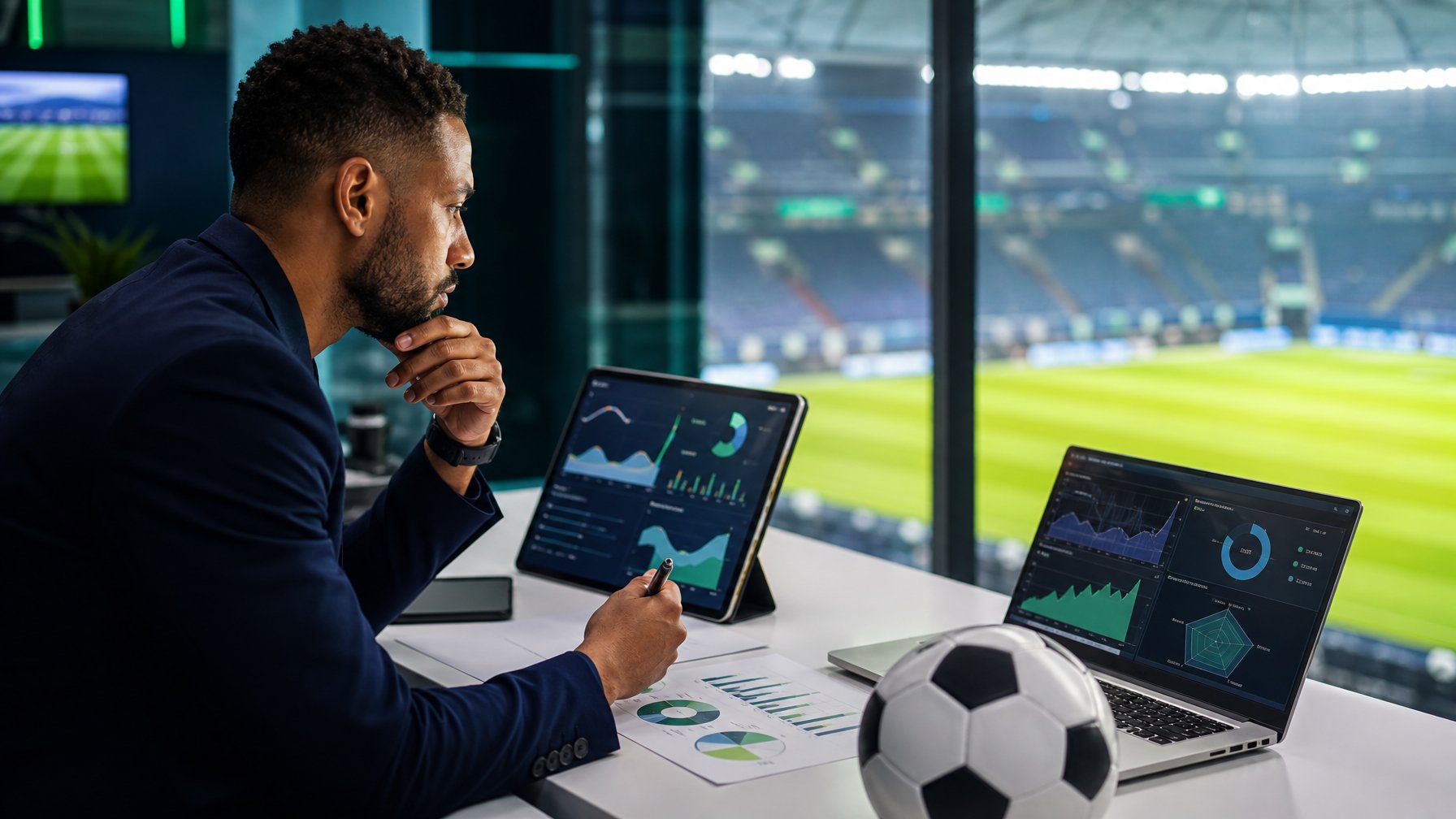 Analis olahraga dewasa meninjau data sepak bola di meja kerja modern dengan stadion terlihat di latar belakang.