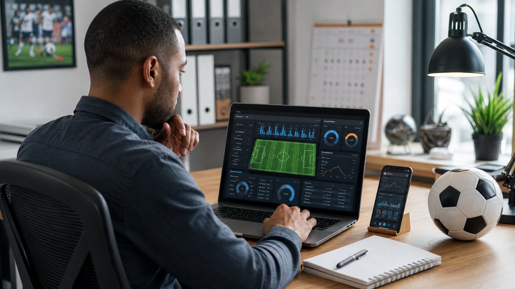 Seseorang membandingkan informasi pertandingan sepak bola melalui laptop dan ponsel di meja kerja modern.