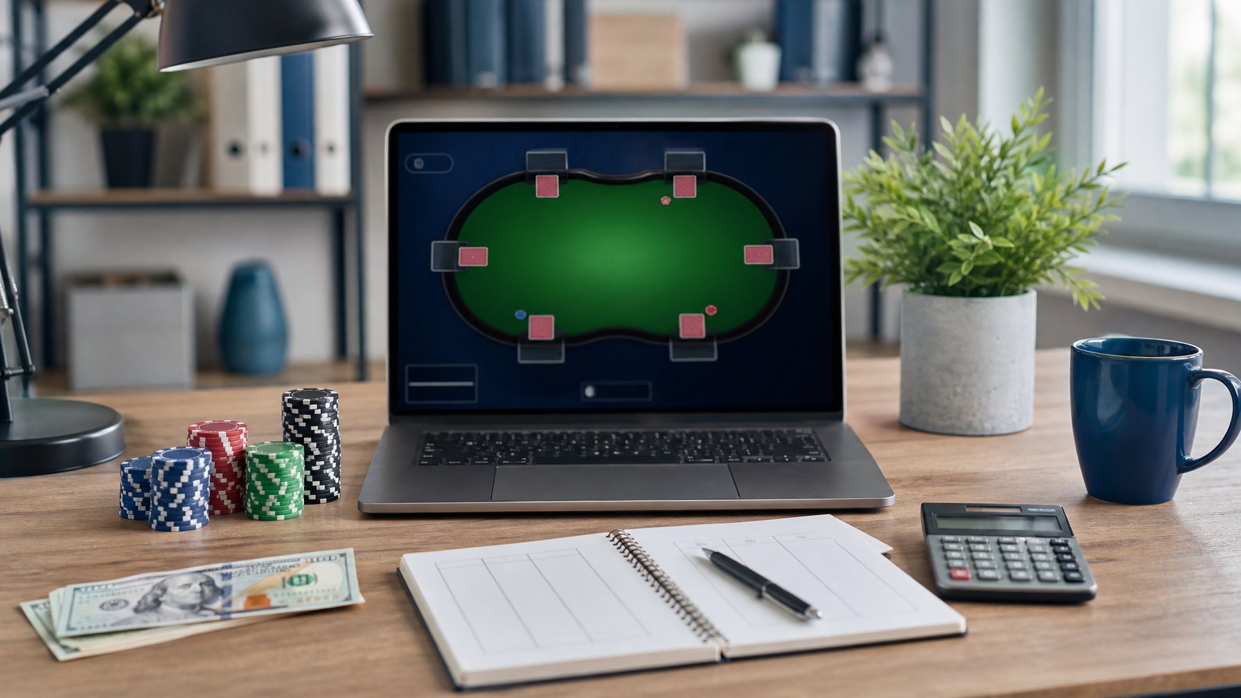 Meja kerja dengan laptop, chip poker, kalkulator, uang tunai, dan buku catatan untuk mengatur anggaran bermain poker.
