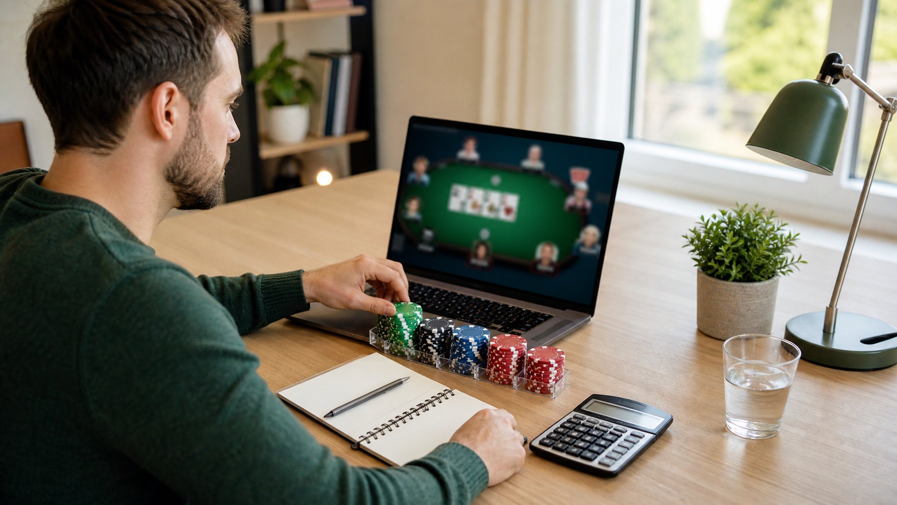 Pemain mengatur tumpukan chip poker, kalkulator, dan buku anggaran di meja kerja.