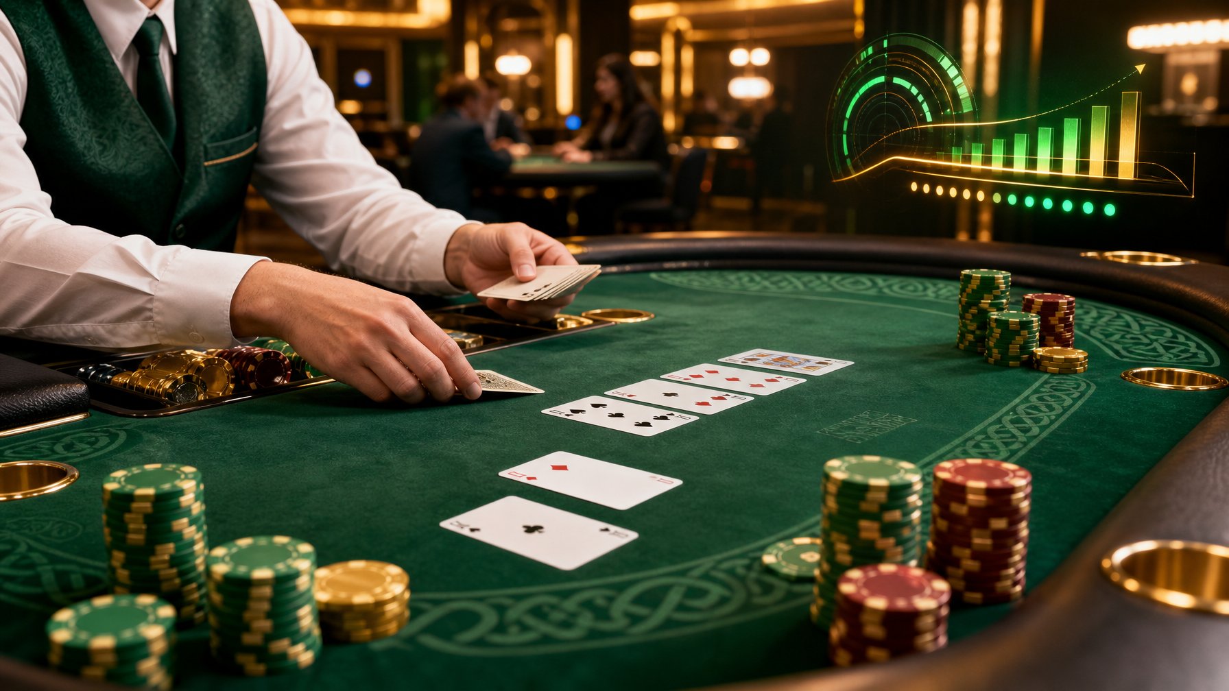 Meja poker hijau dengan kartu, keping poker, dan indikator jackpot bercahaya di suasana kasino elegan.