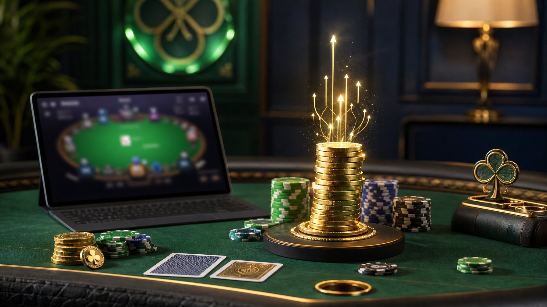 Meja poker bernuansa hijau dengan kartu, keping taruhan, dan perangkat digital yang menampilkan antarmuka poker secara samar.