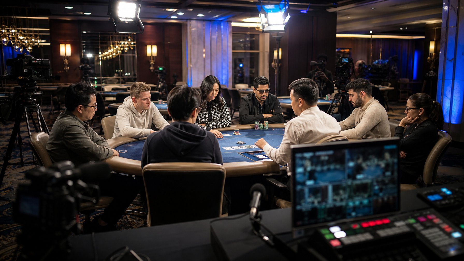 Meja turnamen poker internasional dengan pemain dewasa, peralatan siaran langsung, dan kamera di dalam kasino modern.