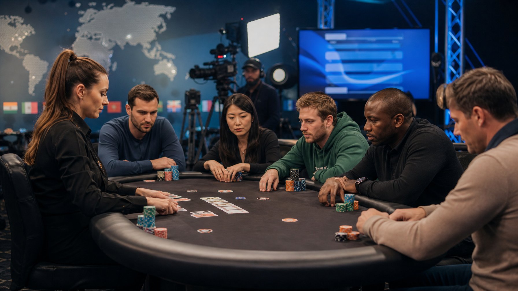 Pemain dewasa mengikuti turnamen Irish Poker di meja kasino dengan kamera siaran langsung di latar belakang.