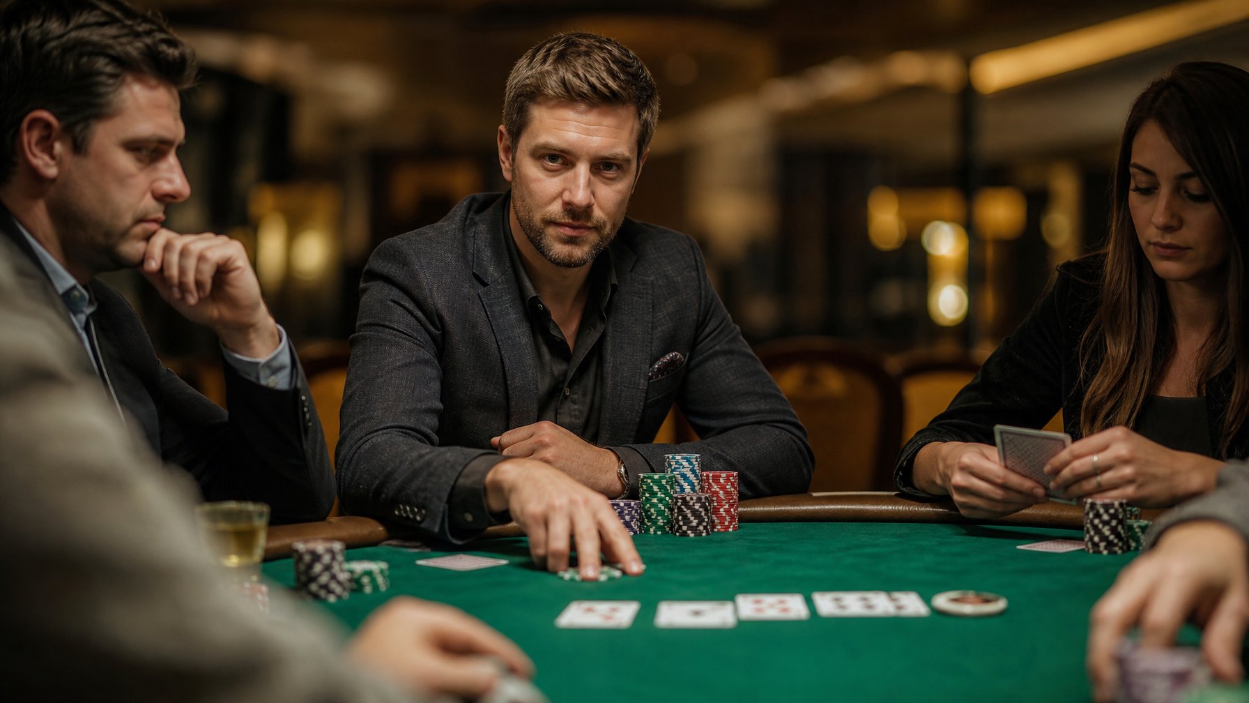 Pemain poker duduk di meja hijau sambil mengamati lawan dengan ekspresi tenang dan penuh strategi.