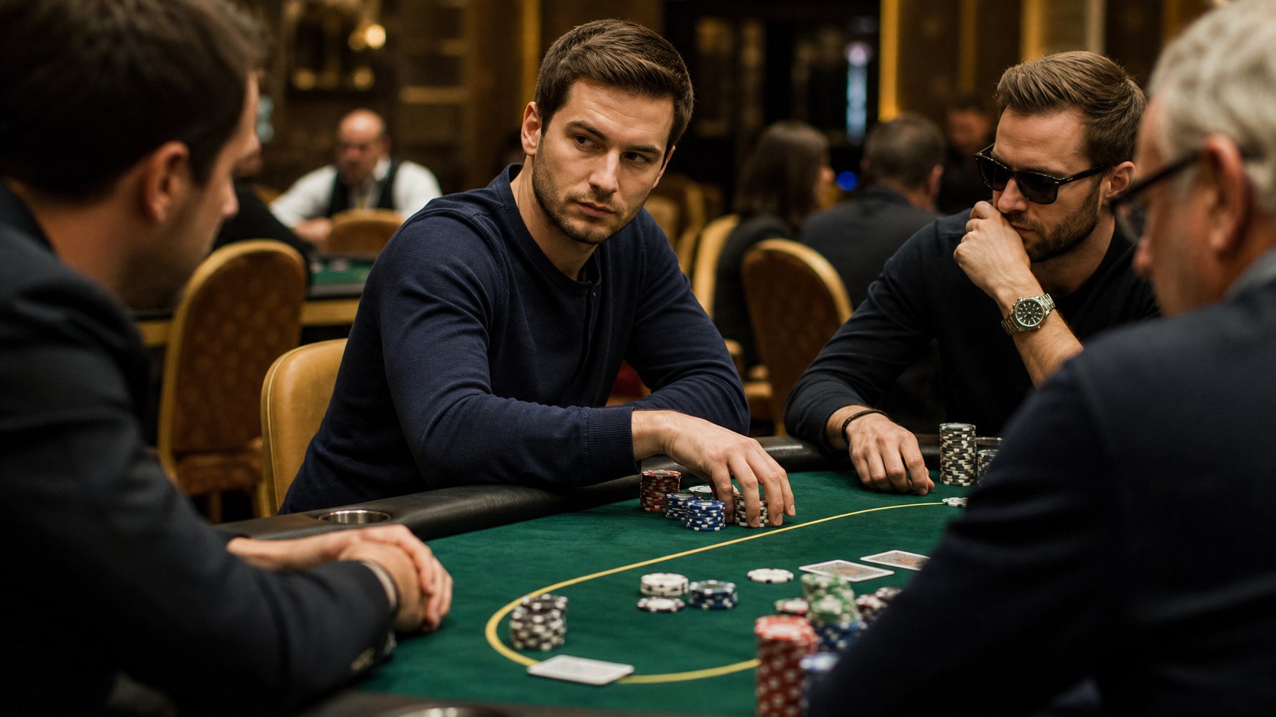 Pemain poker mengamati lawan dan tumpukan chip di meja kasino dengan ekspresi tenang dan penuh perhitungan.