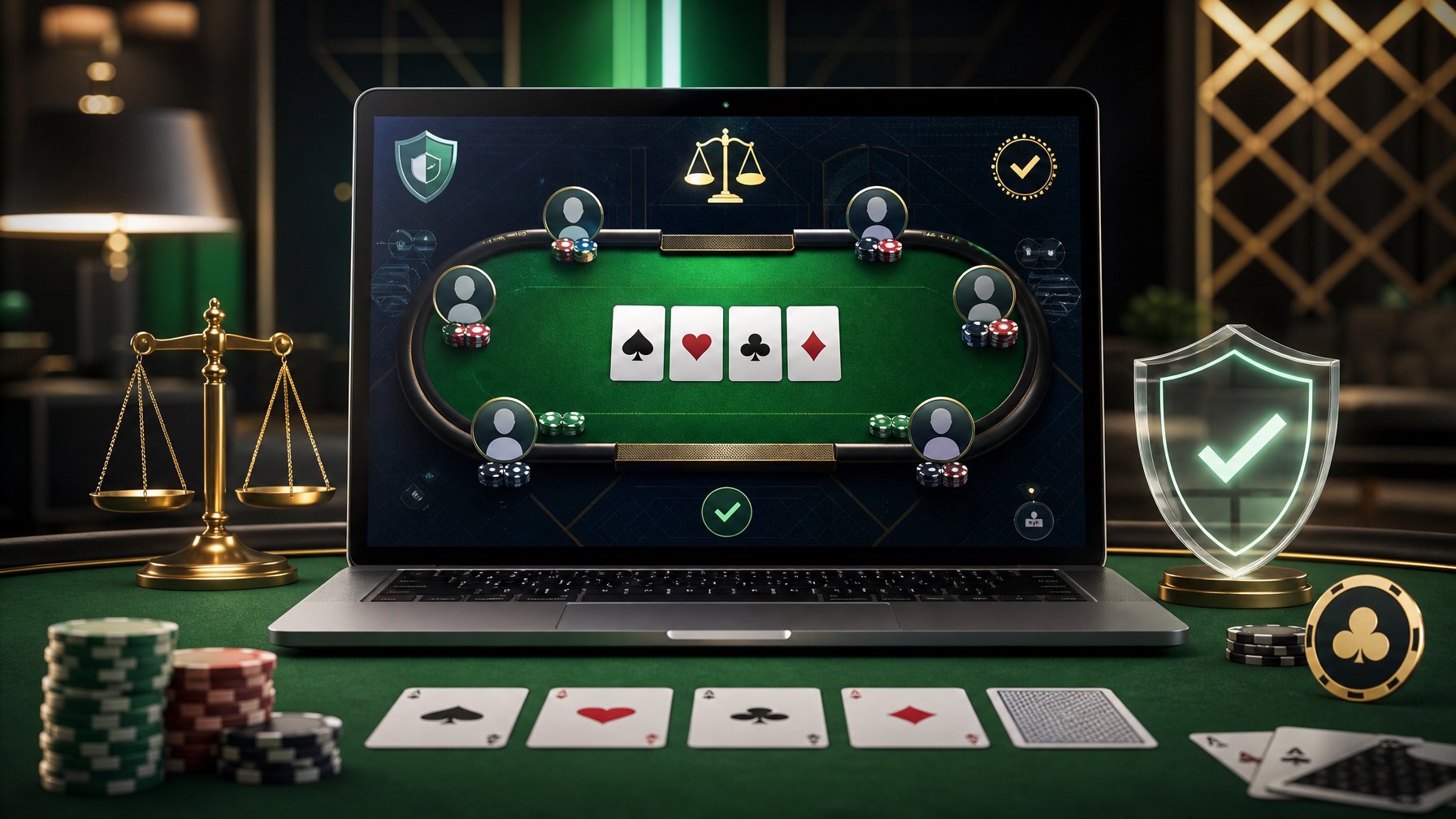 Laptop menampilkan permainan poker Irlandia dengan kartu, chip, dan simbol keamanan di meja hijau.