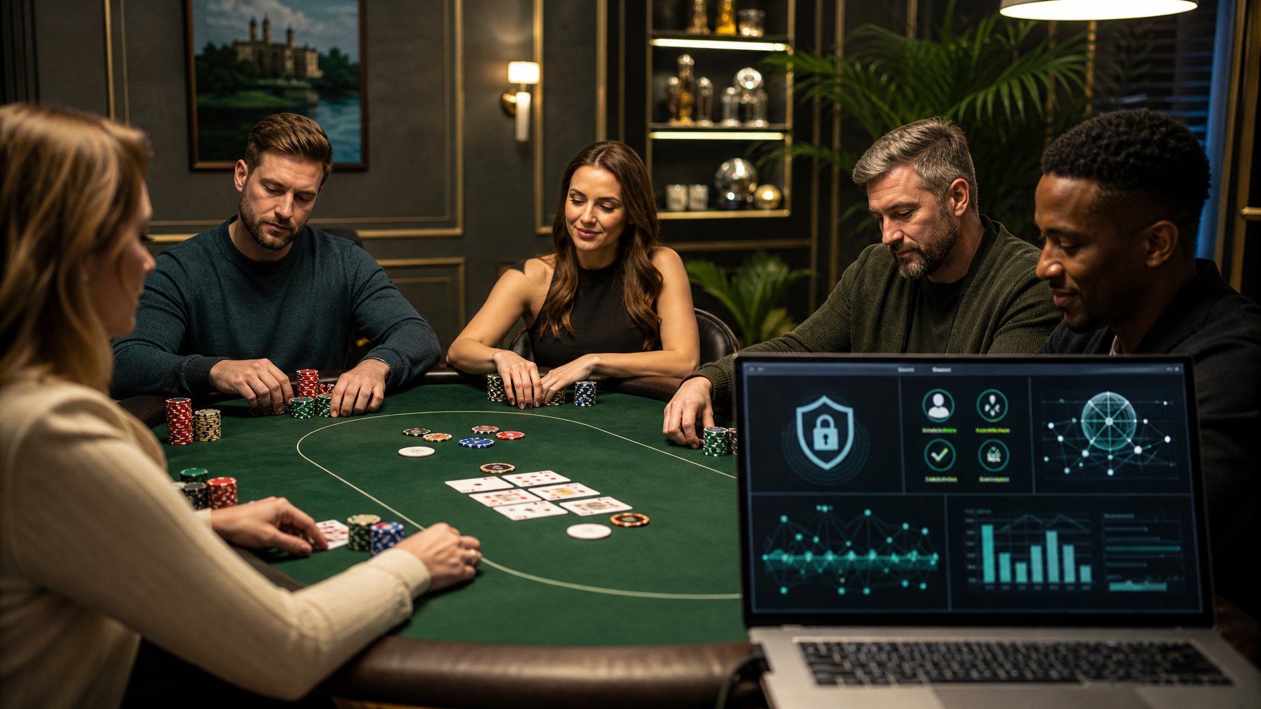 Pemain dewasa bermain poker secara adil di meja dengan pemantauan keamanan digital.