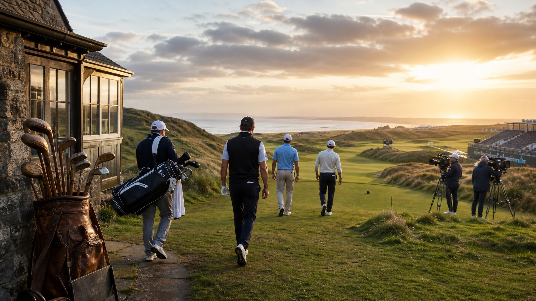 Pegolf profesional berjalan menuju tee pertama di lapangan golf pesisir Irlandia dengan perpaduan perlengkapan klasik dan fasilitas turnamen modern.