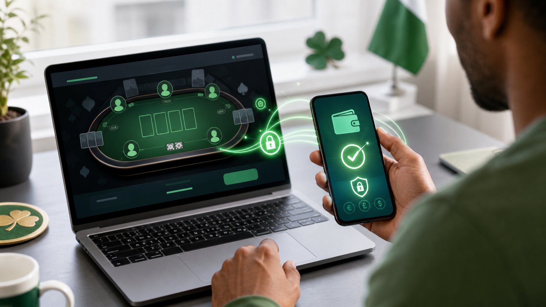 Seseorang menggunakan ponsel dan laptop untuk melakukan deposit e-wallet yang aman pada situs poker bernuansa Irlandia.