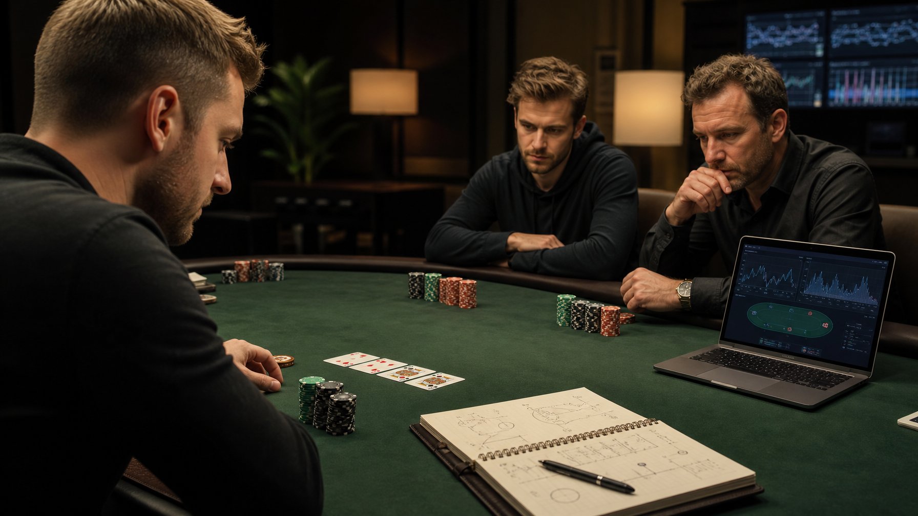 Pemain poker profesional menganalisis kartu dan tumpukan chip di meja bersama seorang pelatih.