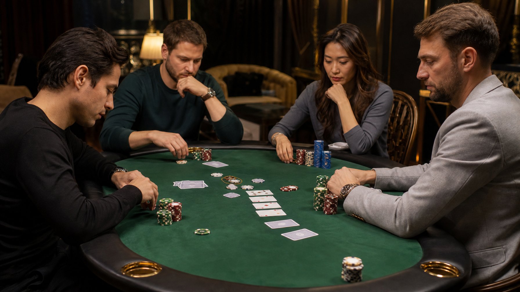 Empat pemain poker menganalisis kartu, susunan chip, dan posisi taruhan di meja poker.