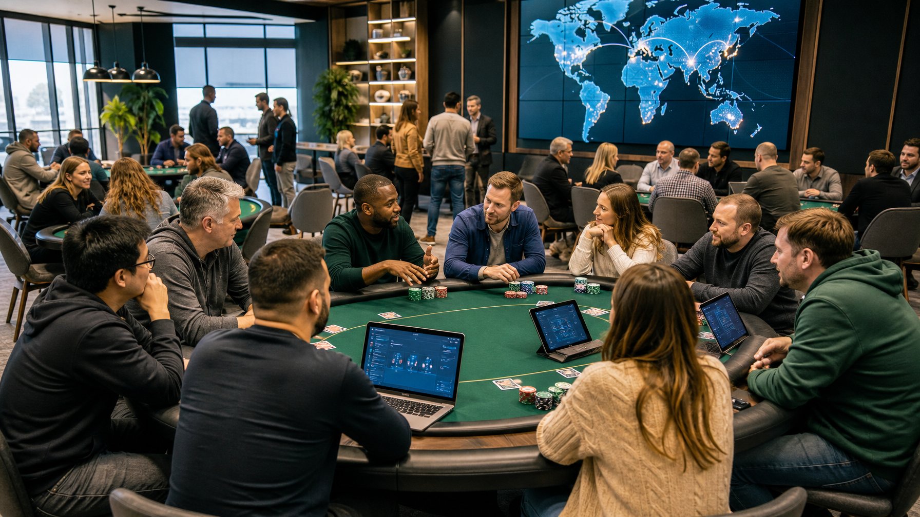 Sekelompok pemain Irish Poker berdiskusi dan berinteraksi di ruang komunitas modern dengan meja poker, kartu, dan perangkat digital.