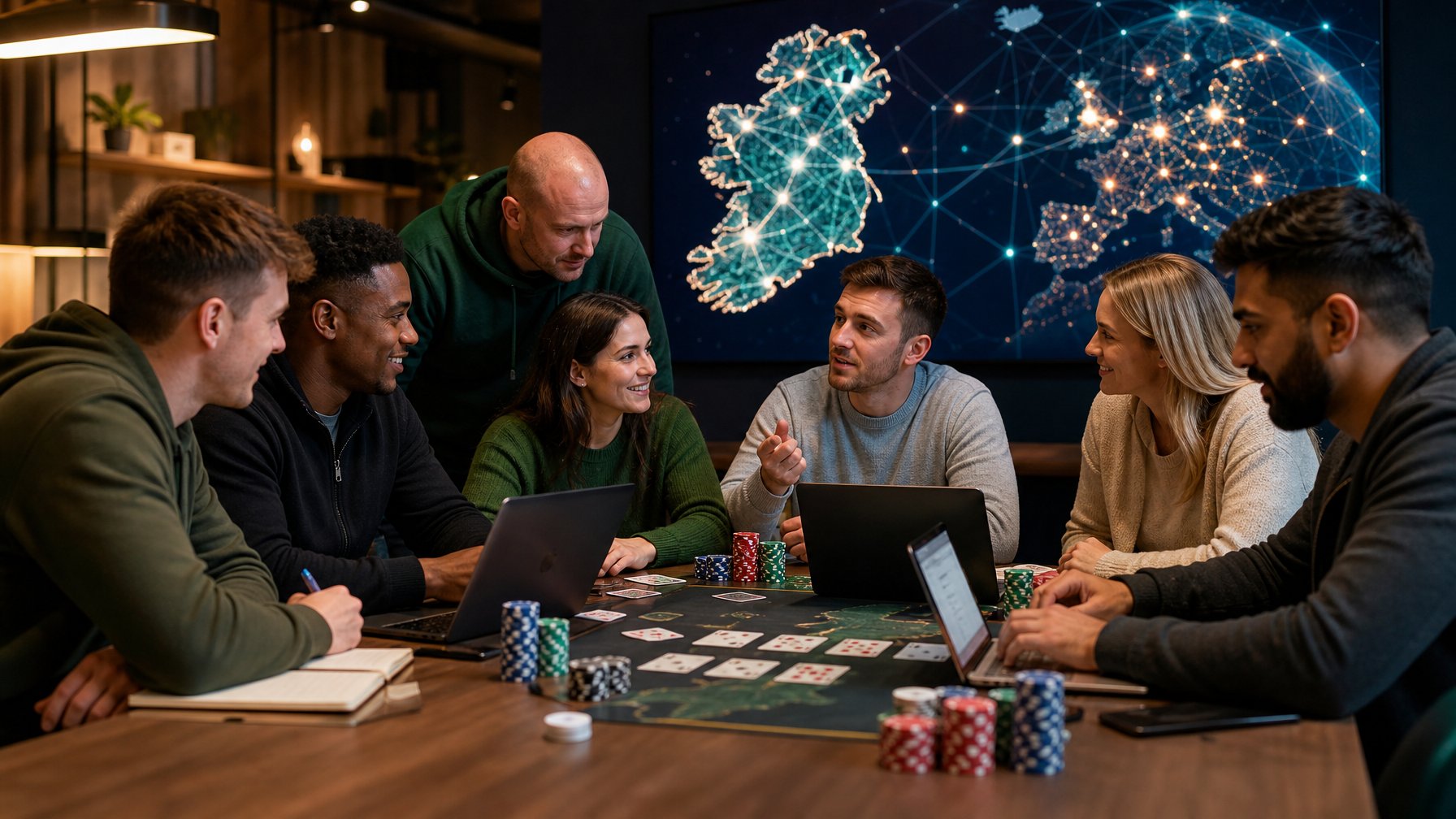 Sekelompok pemain Irish Poker berdiskusi di sekitar meja dengan kartu, chip, laptop, dan peta digital abstrak di latar belakang.