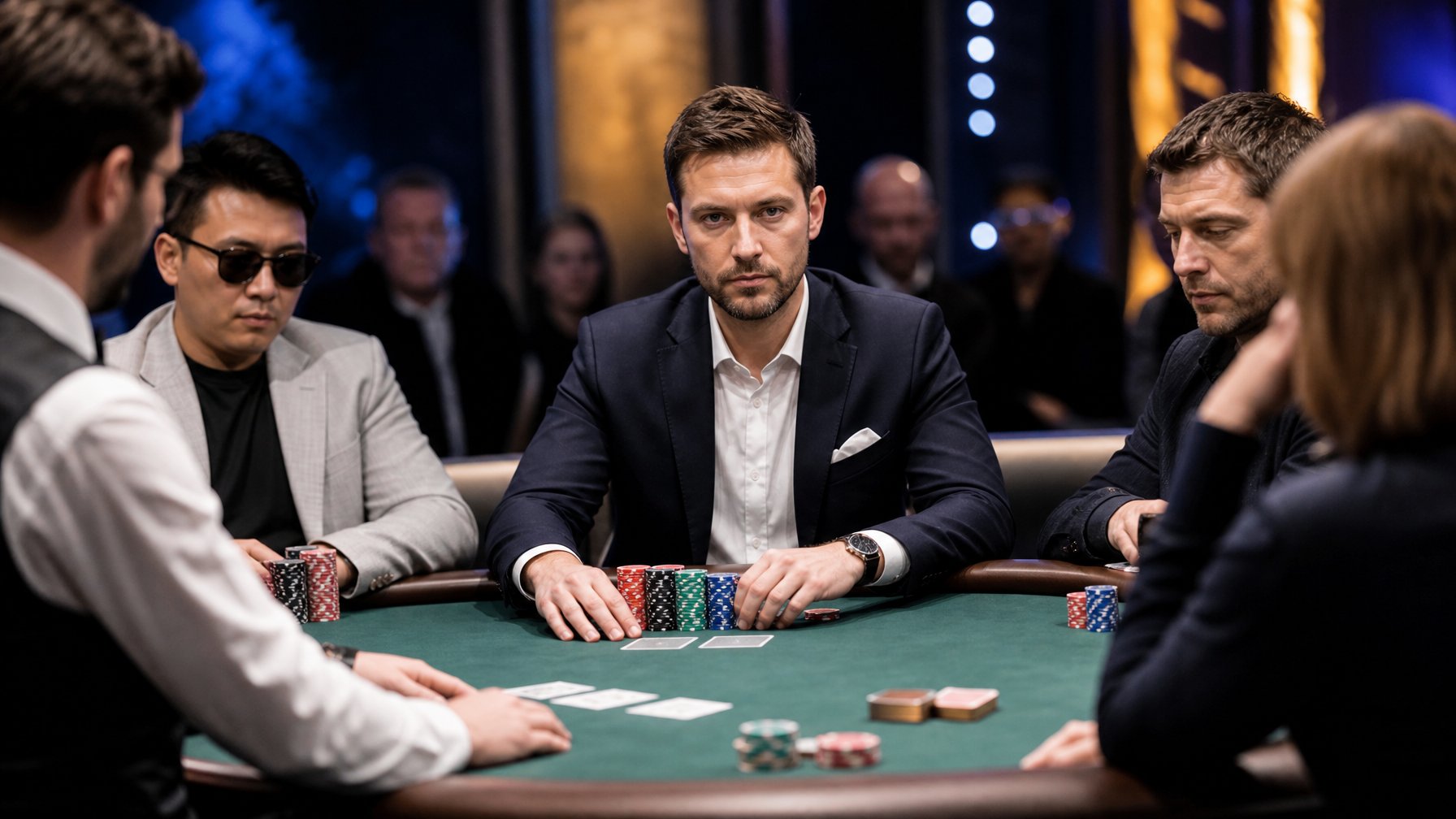 Pemain poker profesional duduk di meja final turnamen dengan satu pemain tampak menonjol sebagai calon juara.