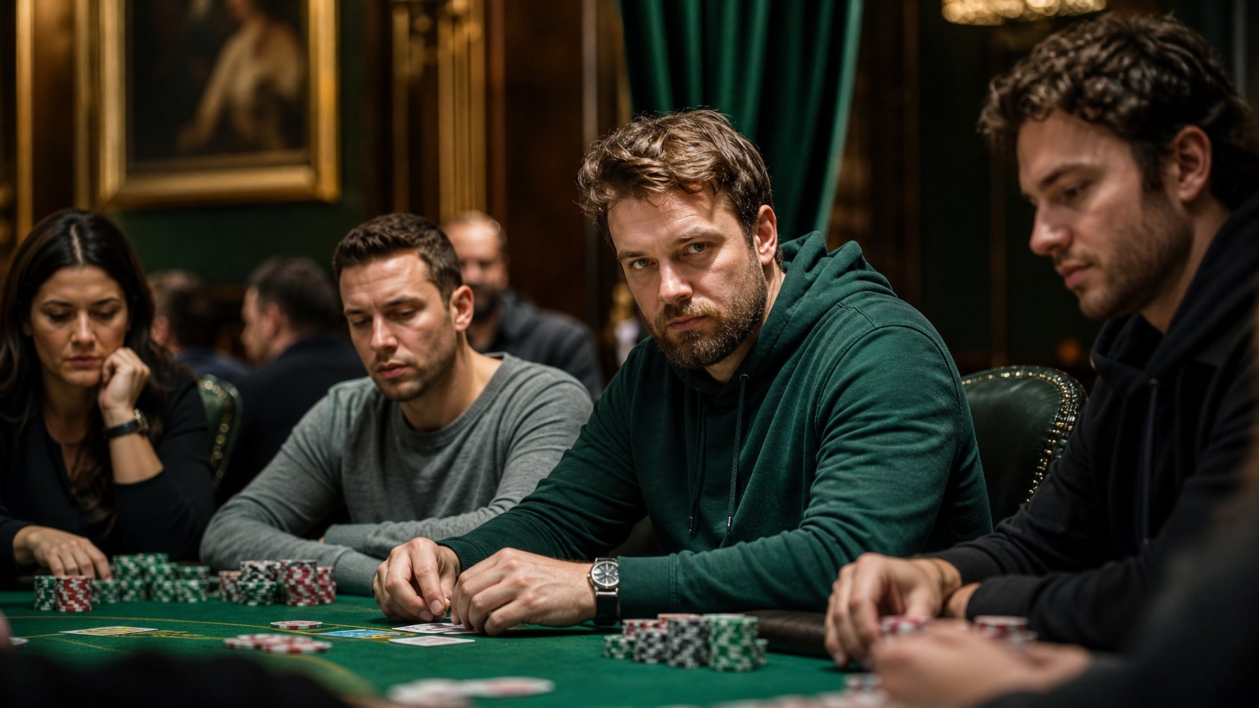 Para pemain poker profesional berkonsentrasi di meja turnamen dengan kartu dan keping poker.