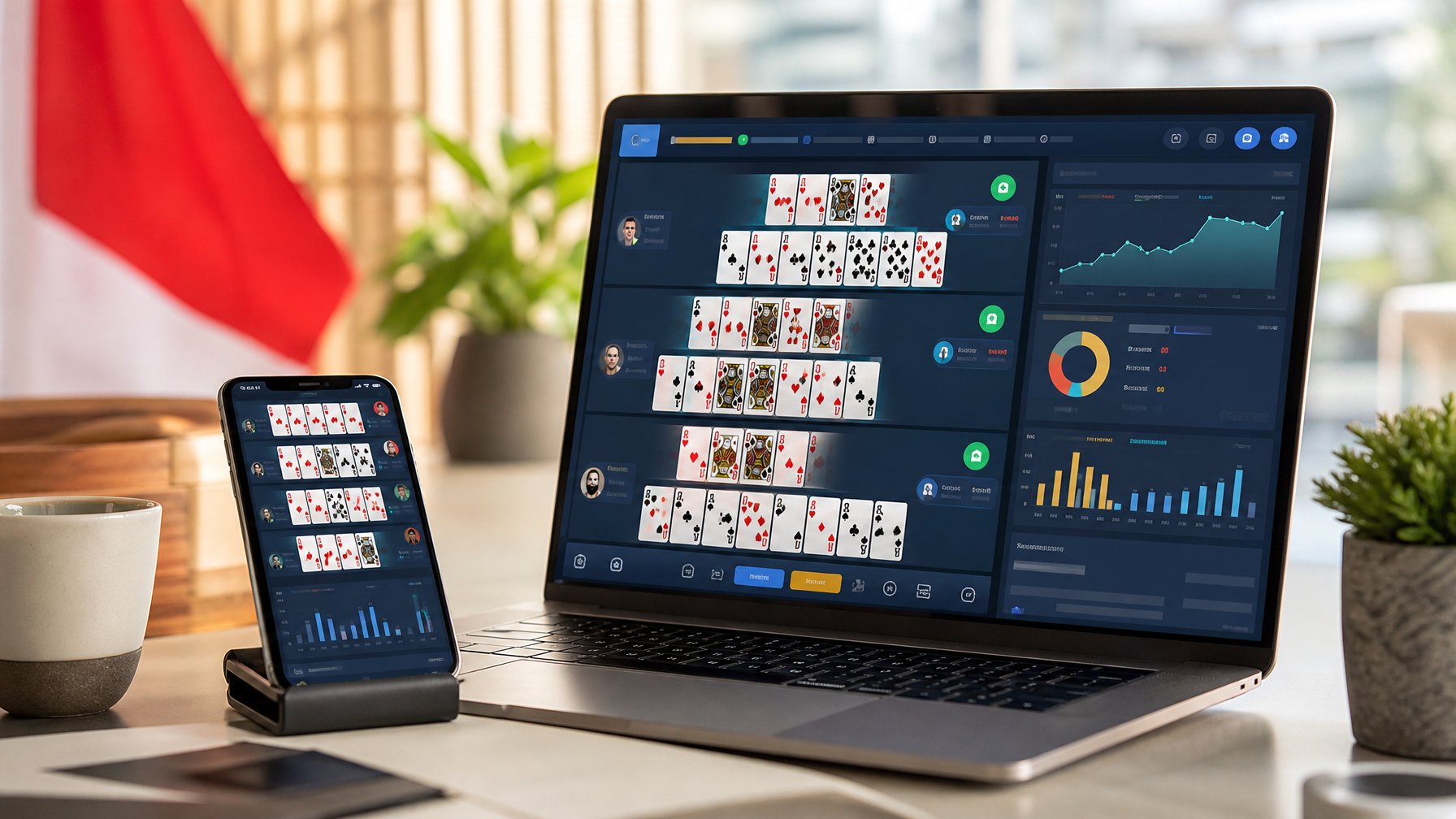 Perangkat digital menampilkan permainan kartu susun dengan grafik performa di meja modern.