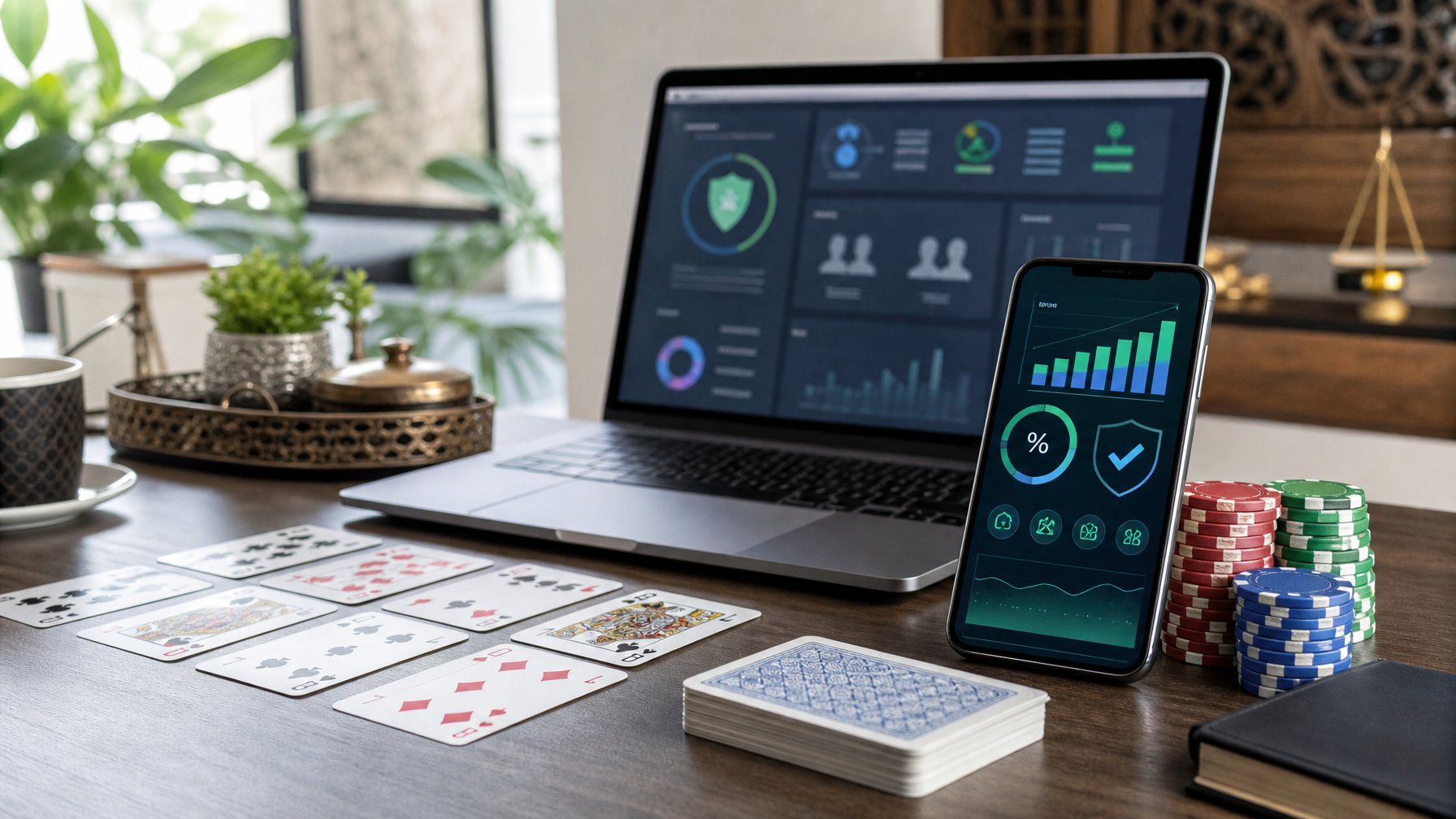 Meja permainan kartu dengan kartu, chip, ponsel, dan laptop yang menampilkan grafik analitik serta simbol keamanan.