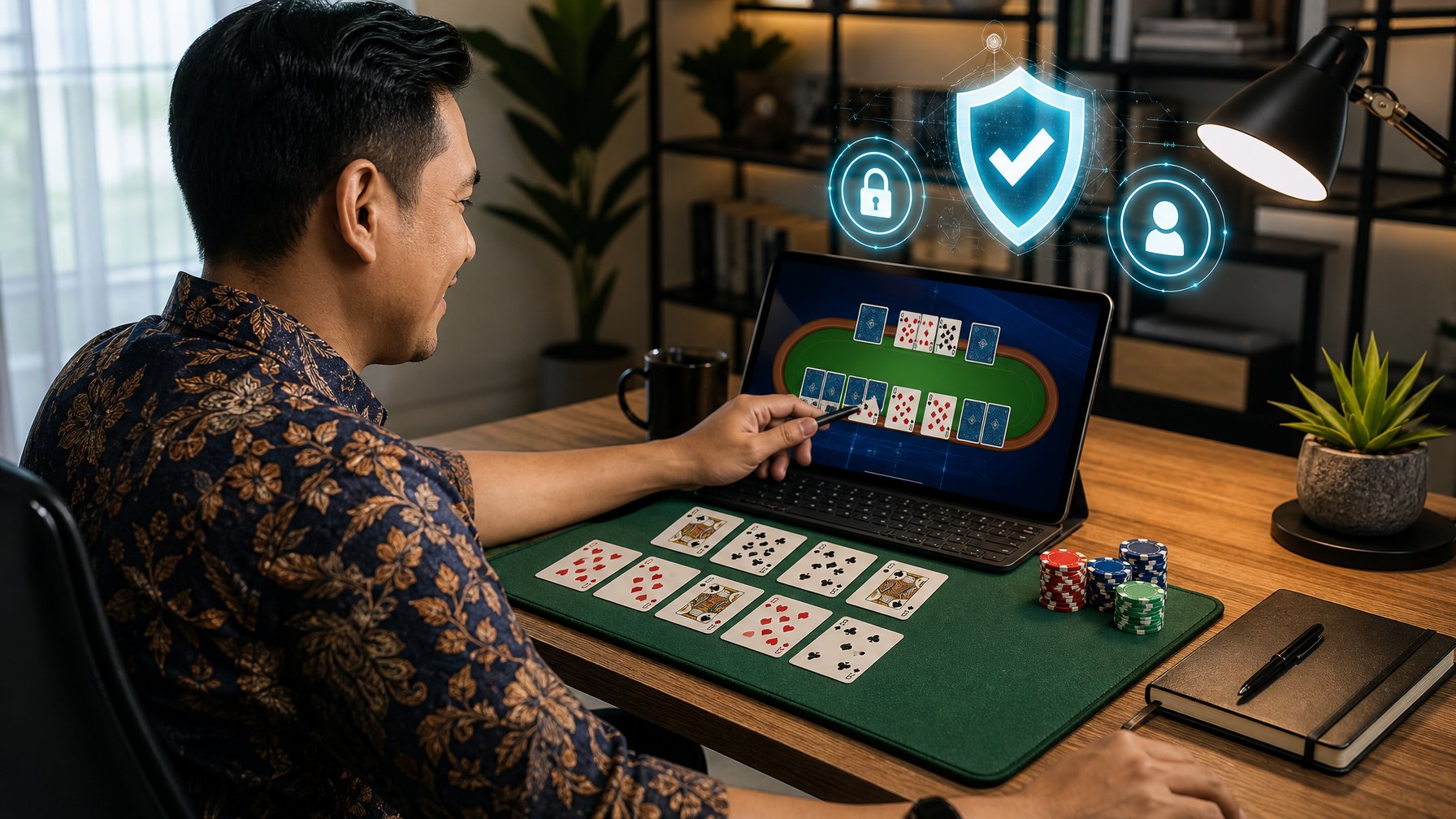 Seseorang menggunakan laptop untuk bermain Capsa online dengan kartu dan simbol keamanan di meja.