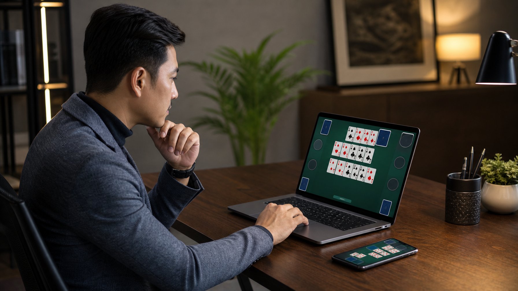 Seorang pemain menggunakan laptop dan ponsel untuk bermain kartu secara online di ruang kerja modern.