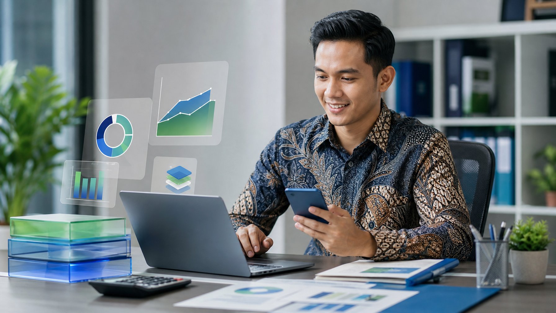 Profesional muda Indonesia menggunakan laptop dan ponsel untuk mengelola tabungan digital di meja kerja.